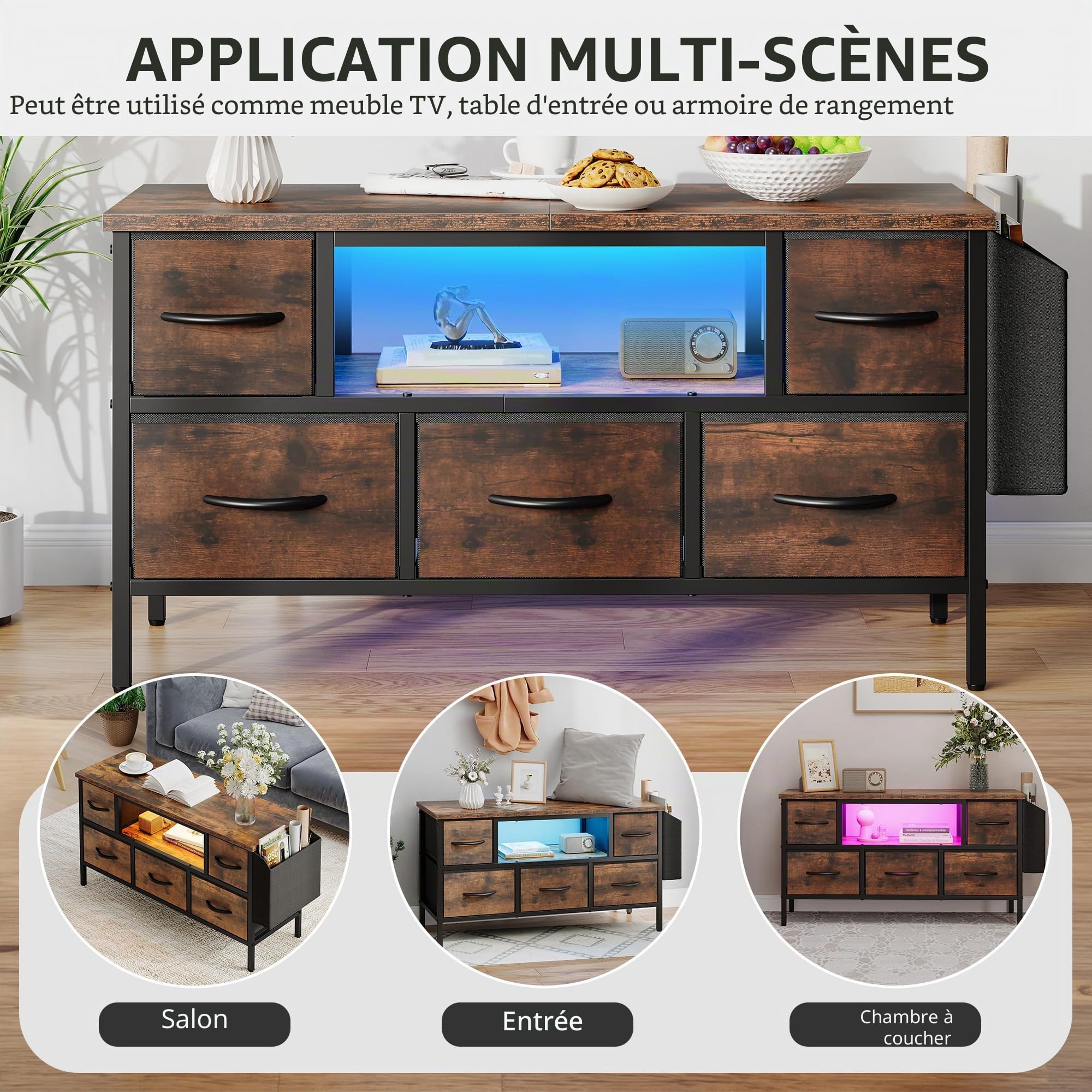 YITAHOME Meuble TV pour Salon avec 5 tiroirs Pliables et étagères - Meuble TV avec éclairage LED RVB - Centre de Divertissement avec Armoire pour PS5 (Marron)