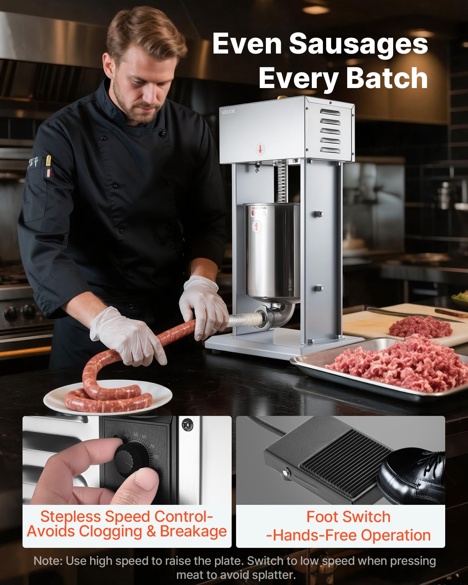 VEVOR Embutidora Eléctrica de Salchichas Capacidad de 10 L, Embutidora Vertical de Acero Inoxidable con Ajuste de Velocidad Continuo, Pedal y 4 Tubos de Llenado, para Restaurante, Supermercado