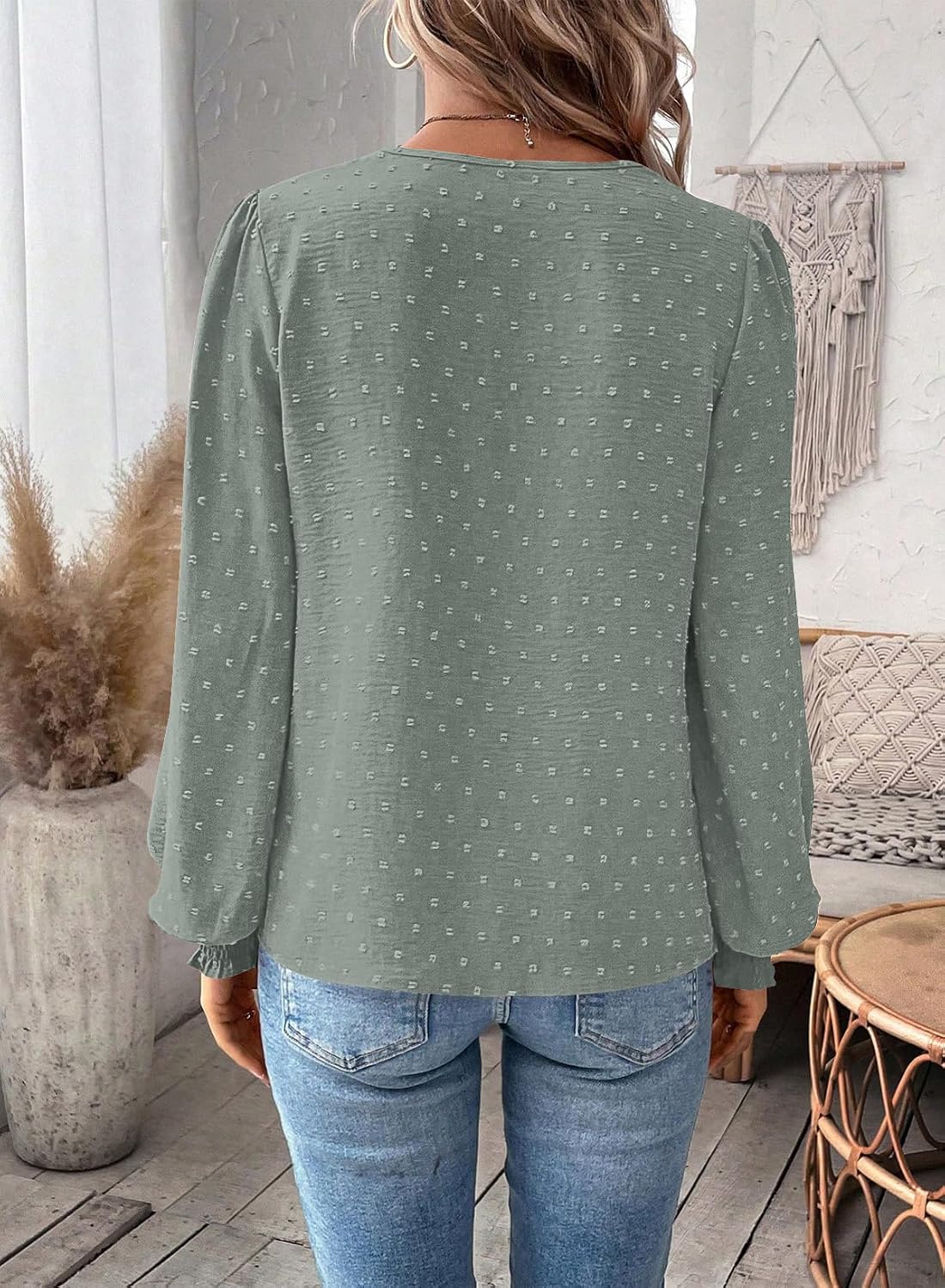 Falechay Long Sleeve Shirts for Women Boho Flowy Lace Floral V Neck Tops