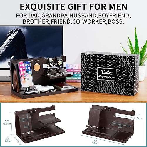 Miniatura 4 de Yirilan Estación de acoplamiento de madera para teléfono, organizador de mesita de noche, regalos de cumpleaños para hombres, regalos para