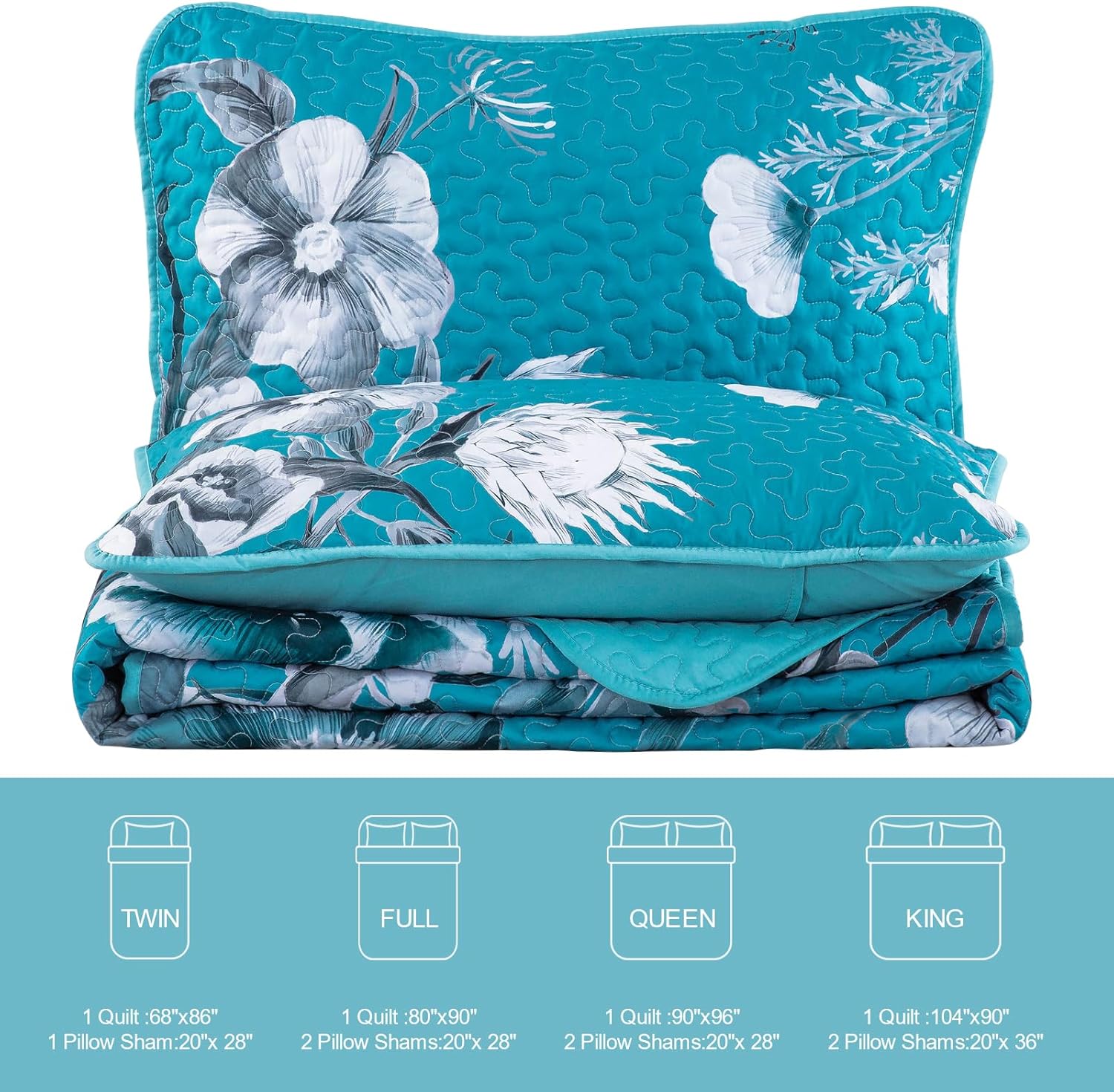 Floral Quilt Set Queen 3 Pieces Teal Blue Floral Quilt Coverlet Set Soft Microfiber Lightweight Teal Blue Quilted Bedspread for All Season 90"x96" - Image 7