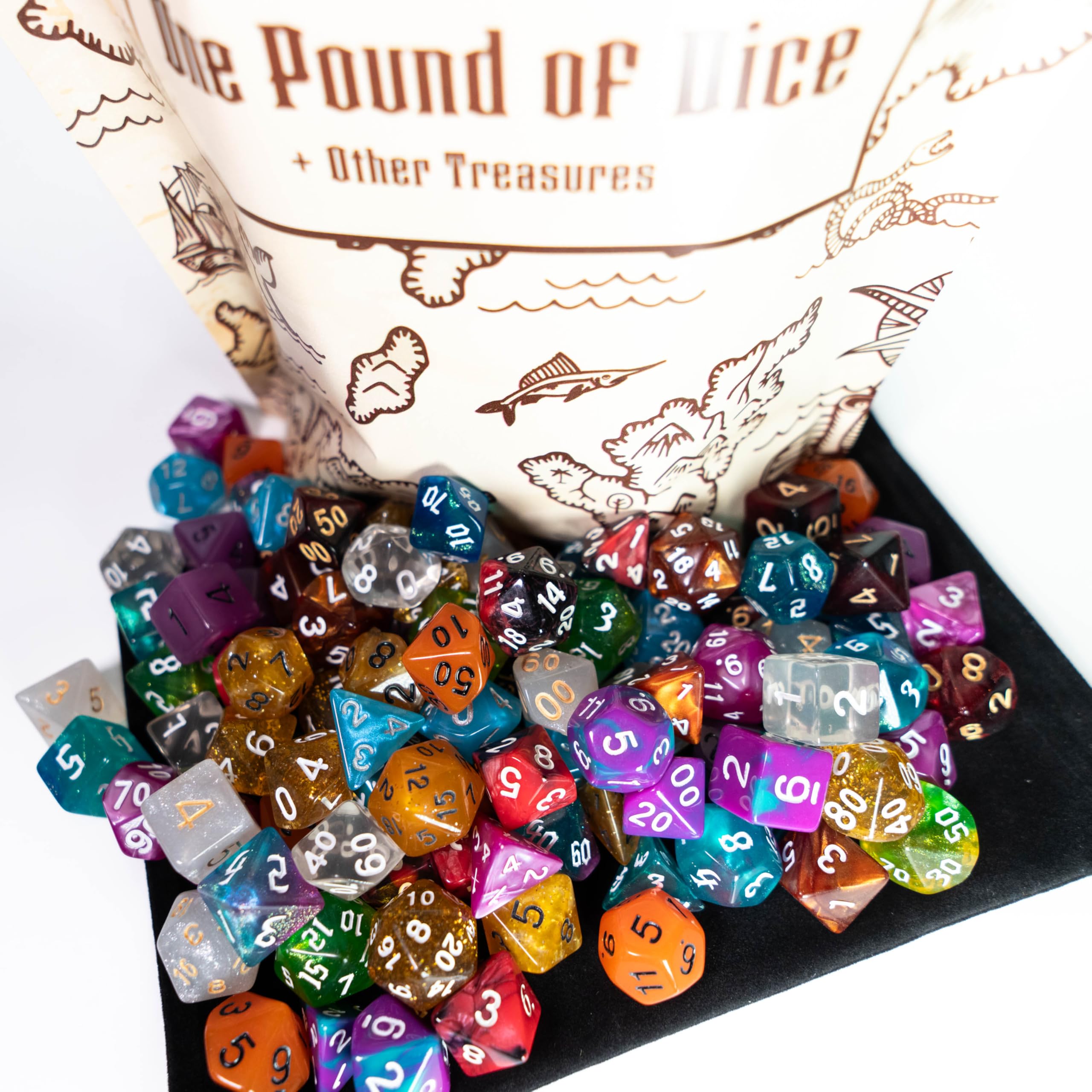 Una libra de dados RPG con "tesoros" añadidos, más de cien dados, 15 juegos de 7 dados a juego incluidos, los "tesoros" incluyen: troquel D20 de piedra preciosa/cristal, juego de 7 dados de resina