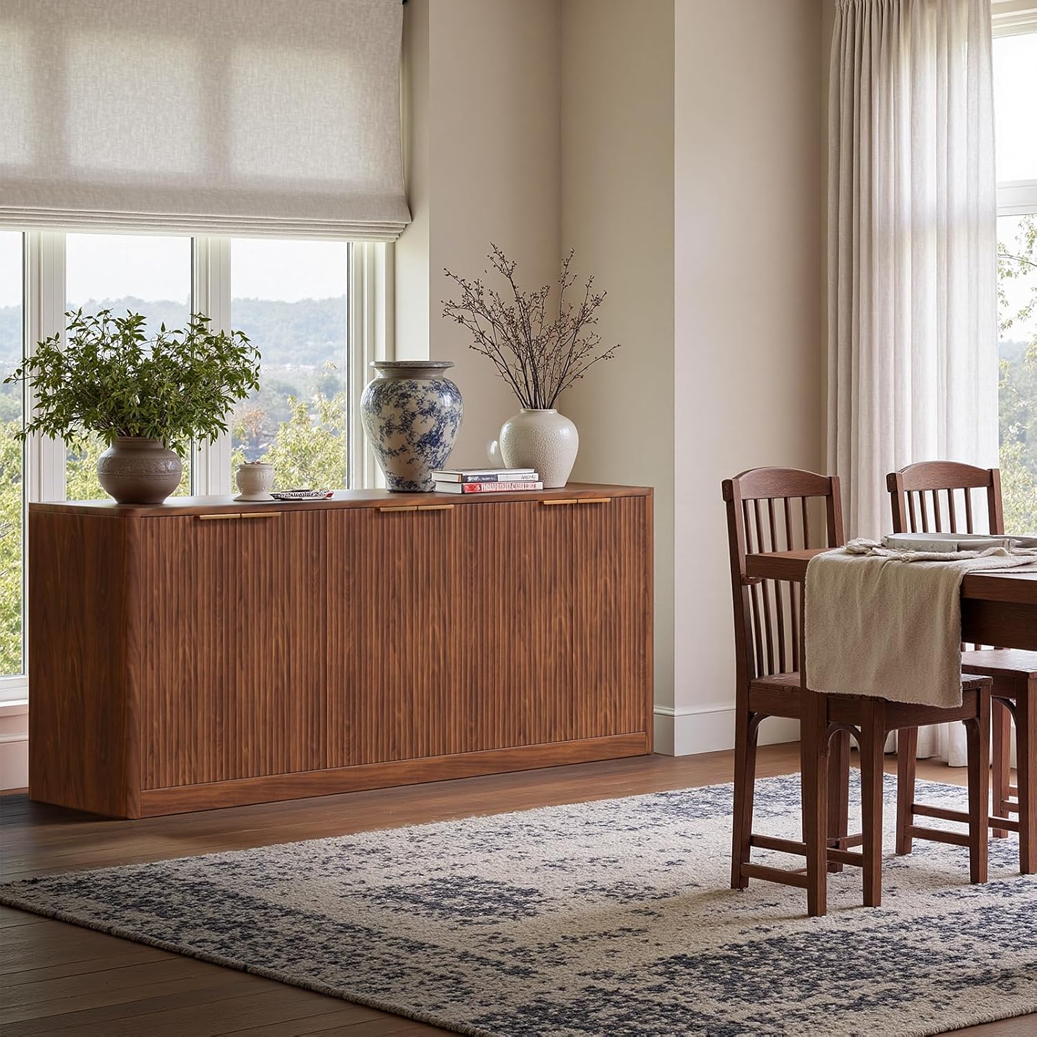 Evermagin 67" Walnut Fluted TV Stand for TVs up tp 75", Mid-Century Modern Entertainment Center with Storage Cabinets and Fluted Doors, Wood Media TV Consoles for Living Room and Bedroom Furniture - Image 4