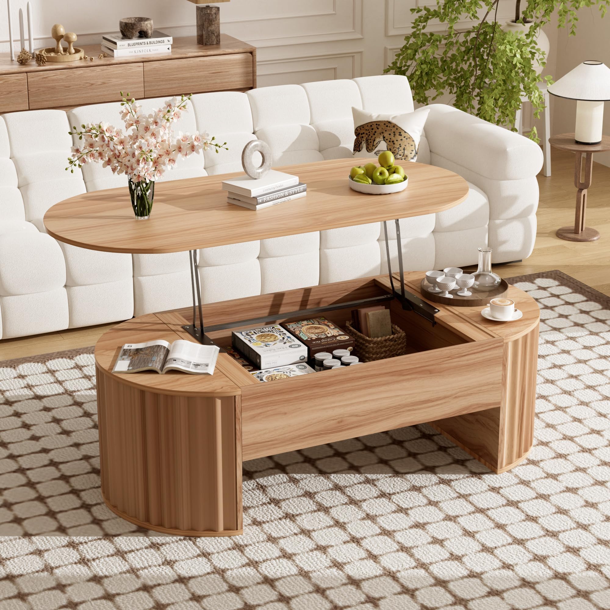 47.2'' Fluted Lift Top Coffee Table with Hidden Compartment, Partially Assembled Wooden Center Table Modern Oval Lift Tabletop for Home Living Room Office