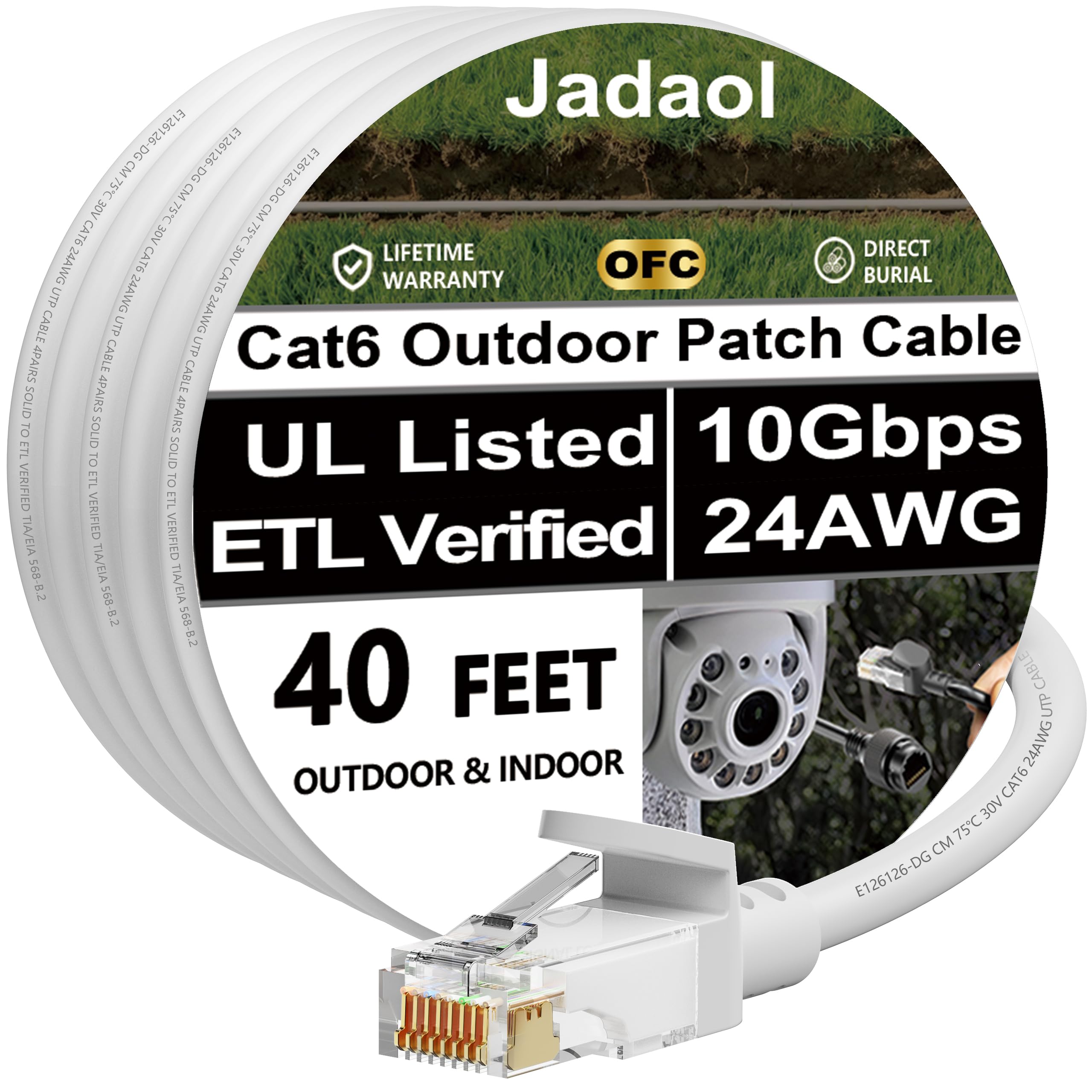 Photo 1 of Jadaol Cat 6 Ethernet Cable 40ft, Outdoor&Indoor, 10Gbps Support Cat8/7 Network, 24AWG Pure Copper Patch LAN Cord, Direct Burial Waterproof In-Ground UV Resistant for Router, Modem, Switch, POE, White