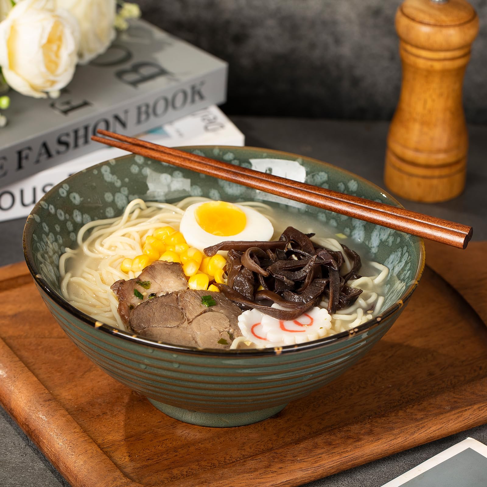 TuYines Ceramic Ramen Bowl, Ramen Bowl Set, Japanese Ramen Bowl with Spoon & Chopsticks, 1200 ml Soup Bowls, SaladBowl (Style E) - Image 3