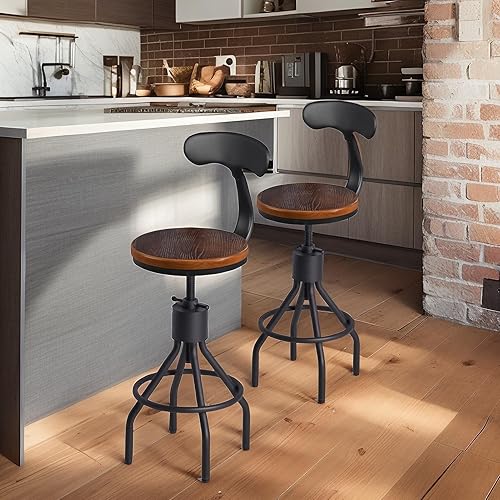 Miniatura 2 de Juego de 2 taburetes de bar industriales con respaldo de 23 a 33 pulgadas, asiento giratorio de madera, isla de cocina, comedor, taburete de Negro