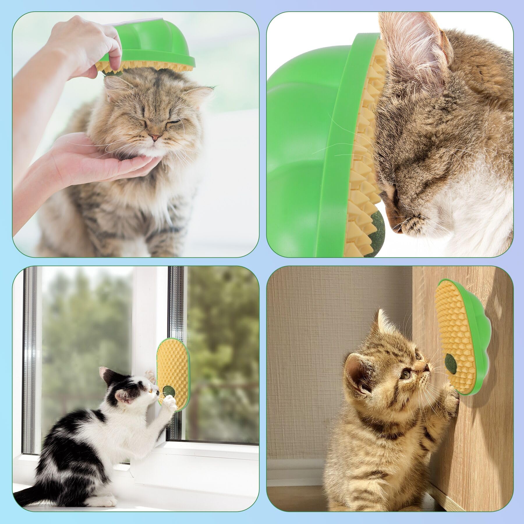 SEVENKA 2 Cat Toys Self-Grooming Cat Brush with 3 Catnip Balls & 3 Gall Fruit, Kitty Kitten Scratcher Self Groomer Catnip Toys for Indoor Cats, Chew Toys Wall Corner Brushes Edible Wall Treats, Yellow - image 7