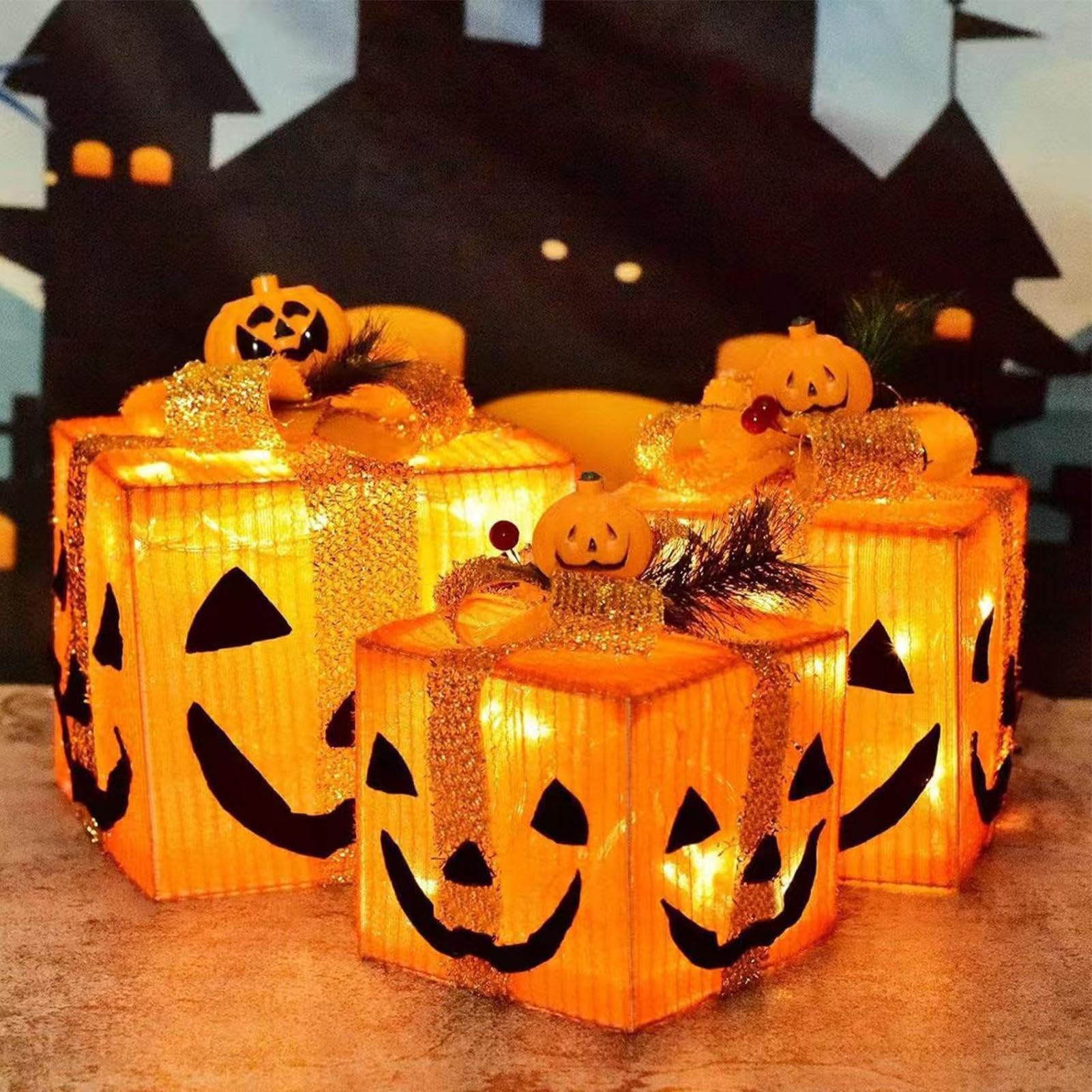 Beleuchtete Kürbis-Dekoration 3er Set Lustige Halloween LED Leuchtende