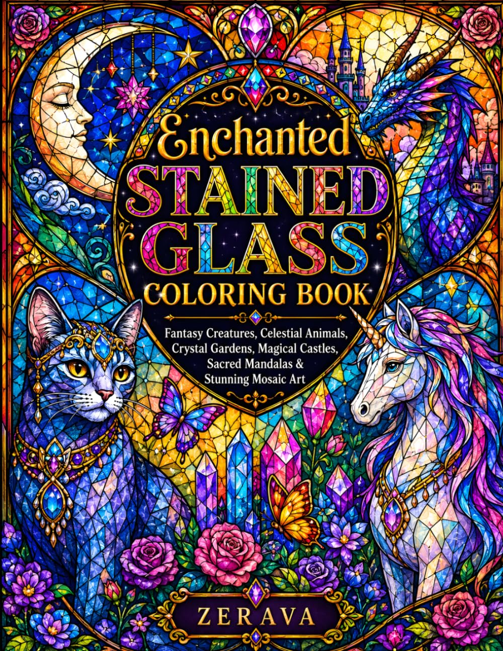 Enchanted Stained Glass Coloring Book: Fantasy Creatures, Celestial Animals, Crystal Gardens, Magical Castles, Sacred Mandalas & Stunning Mosaic Art