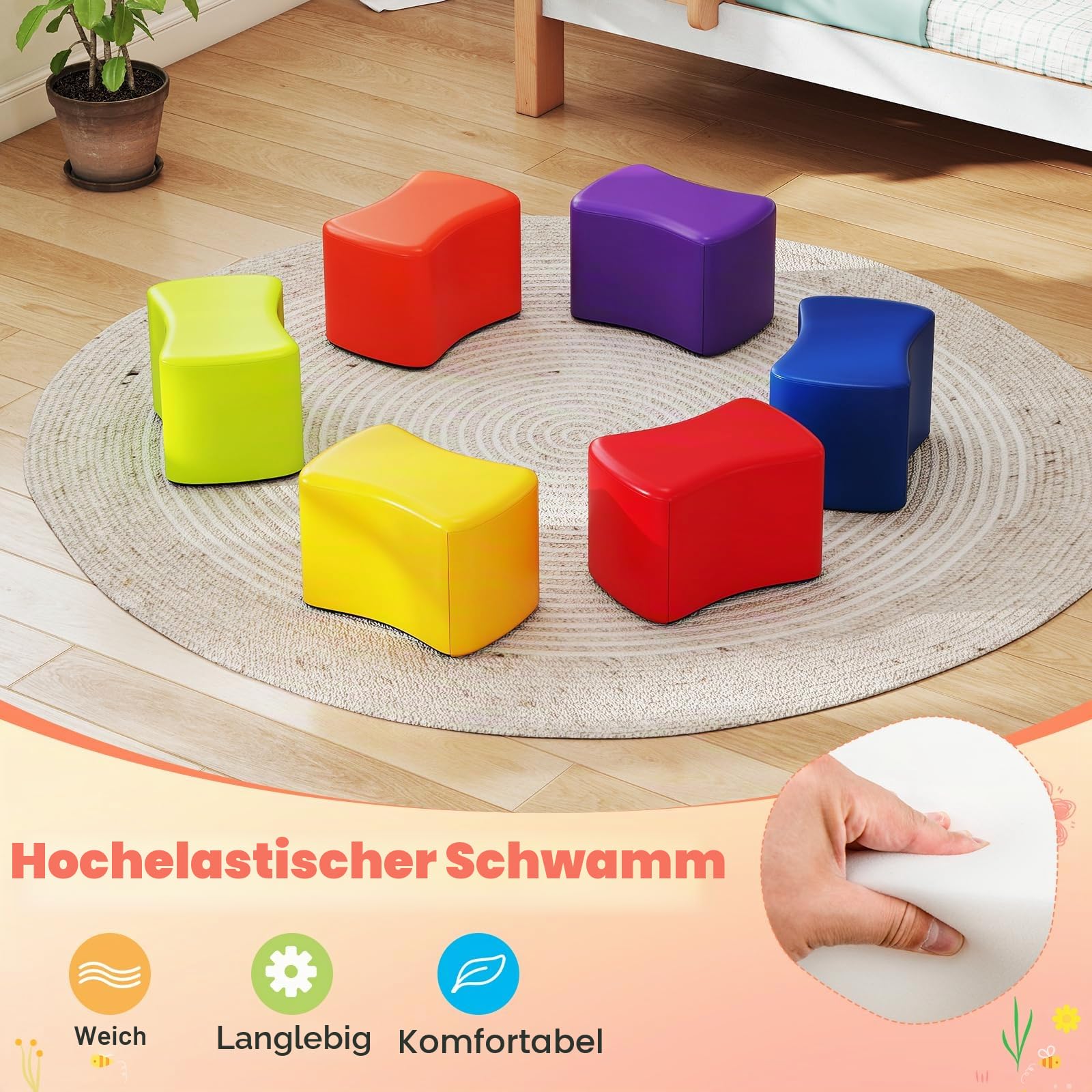 LIFEZEAL 6er Set Kinderhocker, Sitzhocker aus Schaumstoff, Kinder Fußhocker mit Bezug aus Kunstleder, Polstermöbel Kinderstuhl für Kinderzimmer, Kindergarten, Babyzimmer