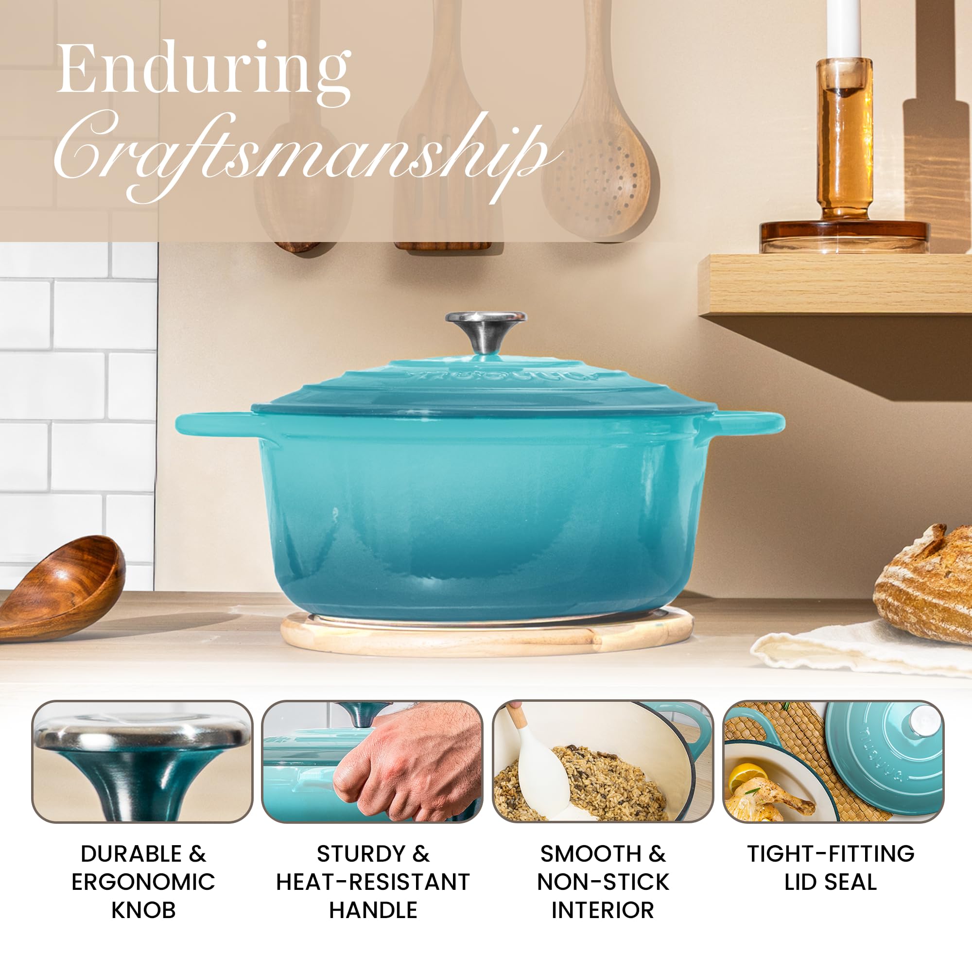 Nuovva Enamelled Cast Iron Dutch Oven Pot with Lid – 3.1 Quart Casserole Dish – Ceramic Dutch Oven for Bread Baking, Roasting, Braising & Stews – Oven Safe up to 500°F – 22cm Teal — view 7
