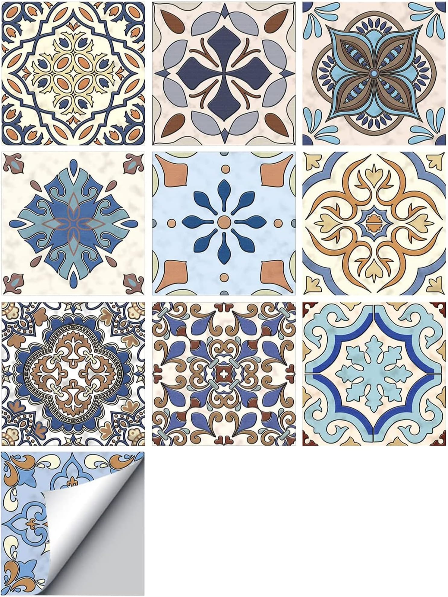 Self-Adhesive Wall Tile Decals, Turkey Style Tile Decoration Stickers for Walls, 10 Pcs Removable Wall Stickers Environmentally, Waterproof Decals for Bathroom Kitchen Adhesive Decor 5.9x5.9Inch