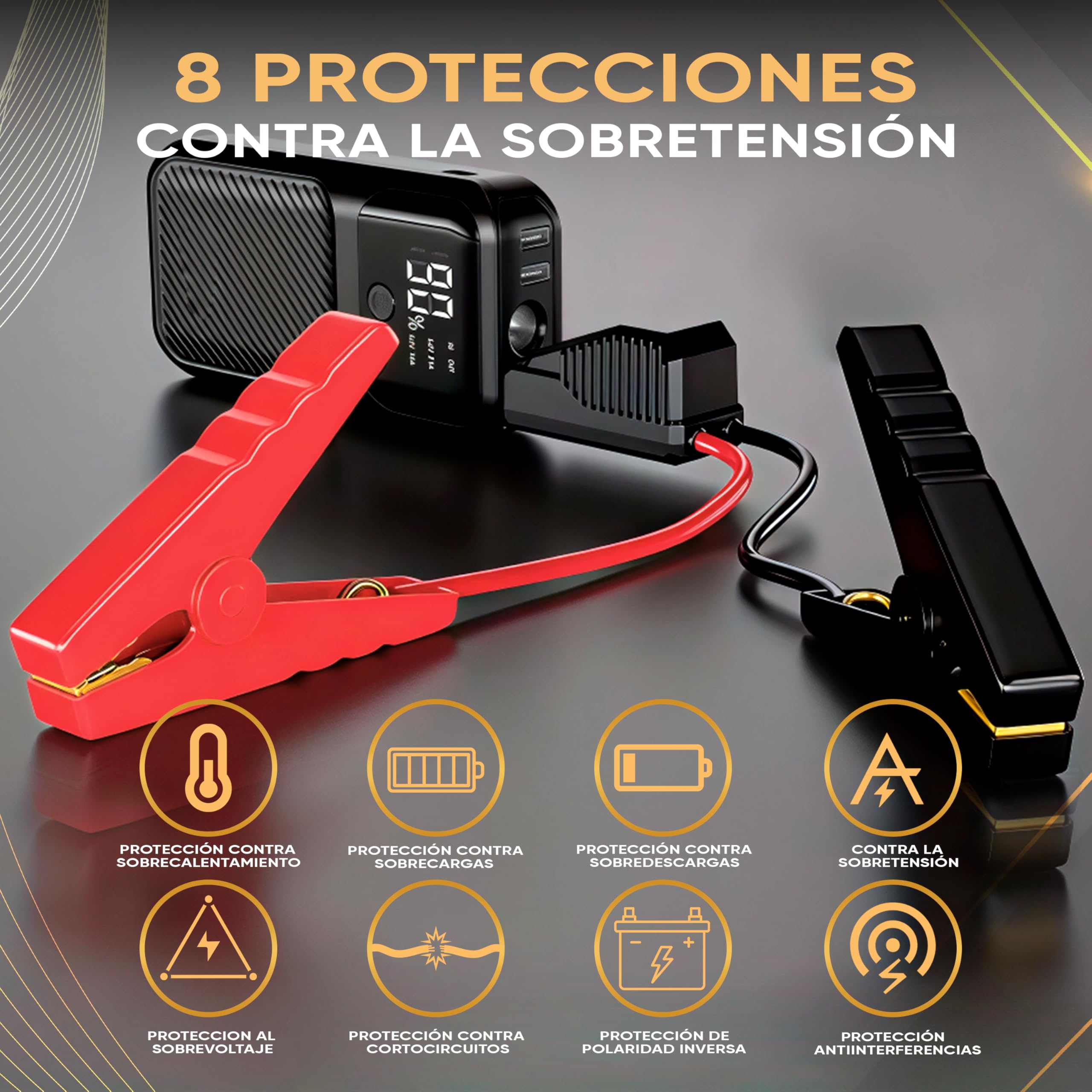 Arrancador de baterías portátil Sweet Problems Solutions Products 8000A, con pantalla LCD y linterna.