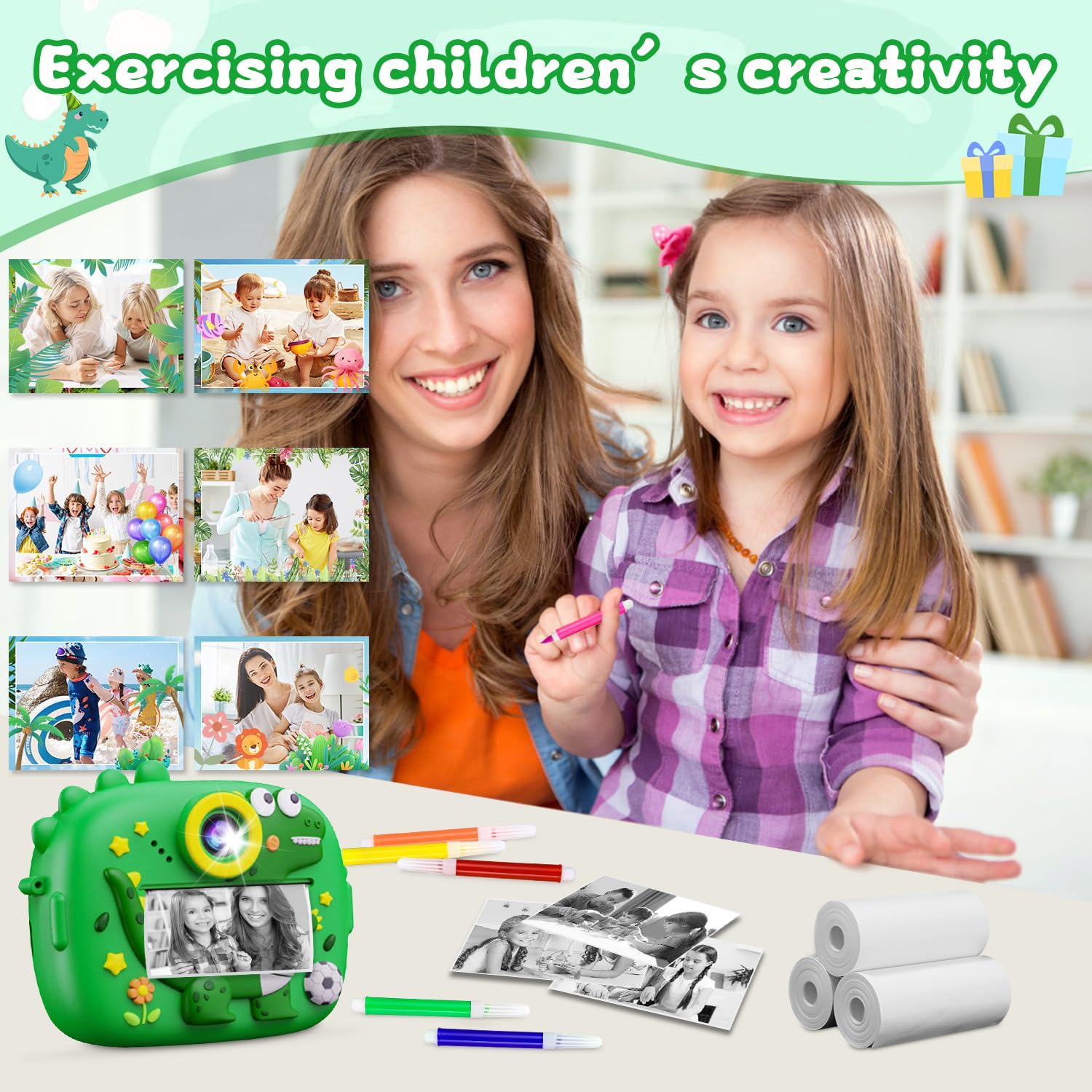 Macchina Fotografica Bambini Dinosauro Istantanea, 2,4 Pollici Digitale Fotocamera Bambini con 32GB Scheda, 48MP/1080P Fotocamera Digitale Bambini Dinosauro, Regali per Ragazzi Ragazze da 3-12 Anni