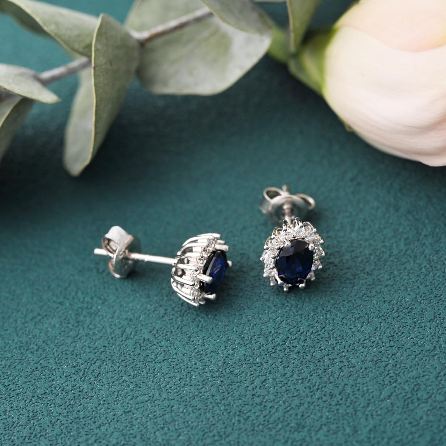 Princess Diana Halo Stud Earrings For Women with Created Sapphire in 925 Sterling Silver, Blue Birthstone 14k White Gold Plated Earrings For Her, Anniversary Birthday Piercing Jewelry Set - Image 5