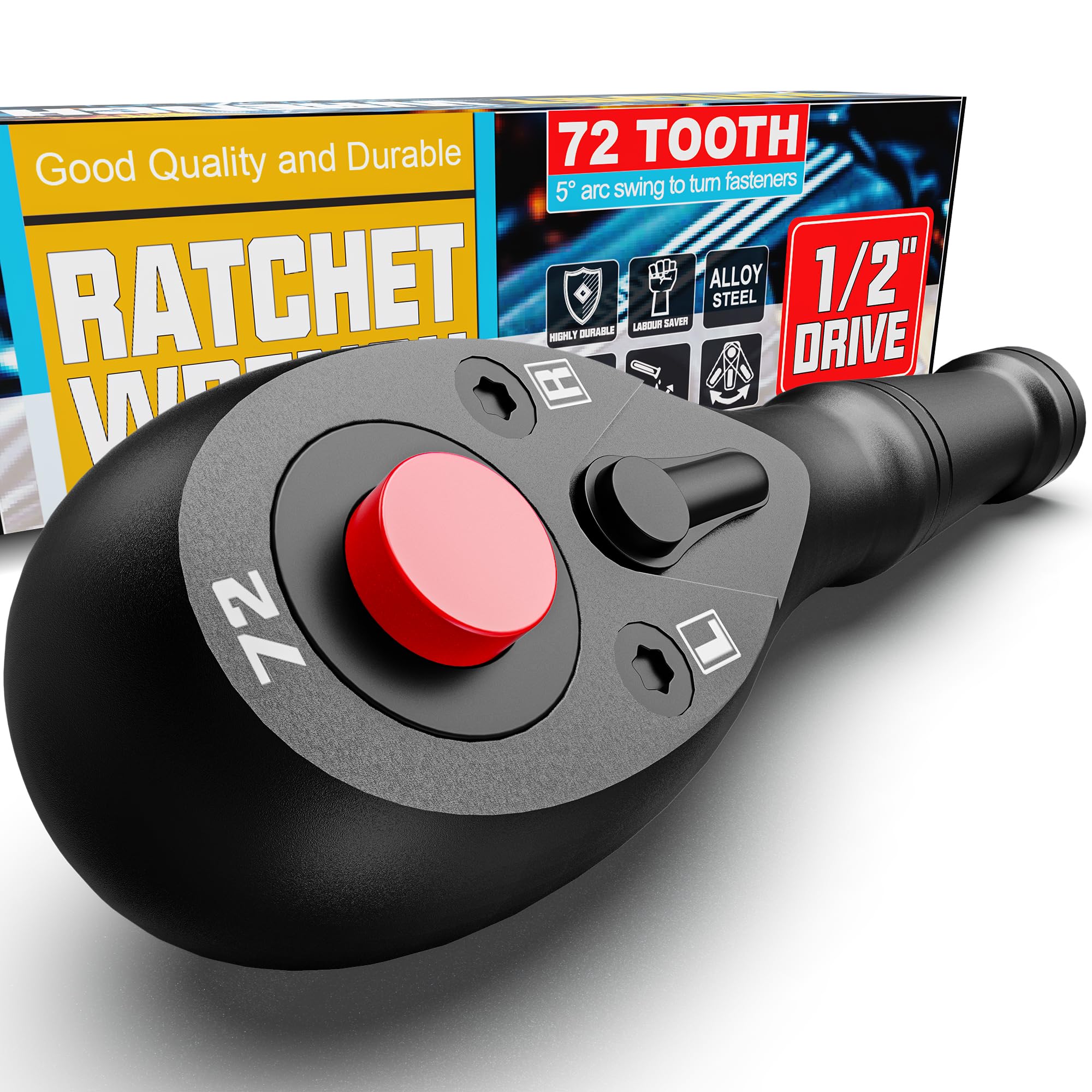 Aiourx 1/2" Drive Stubby Ratchet, 72-Tooth Ratchet Handle, 13.5 cm Quick Release Reversible Socket Wrench, CR-V Steel, Automotive Repair, Home