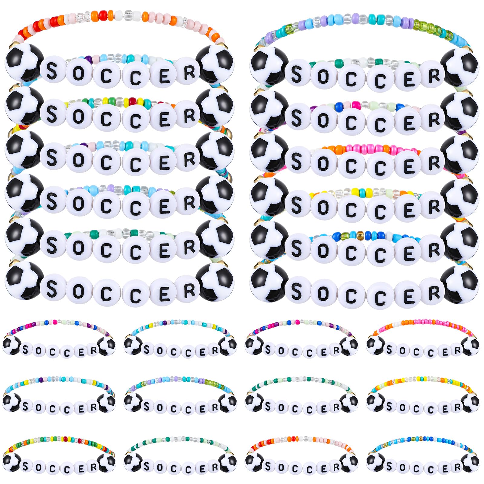 Ecation 96 Pcs Soccer Bracelets Team Gift Soccer Party Favors Sports Bracelets Bulk Clay Beaded Bracelets Stretch Adjustable Colorful Bracelets for Team Gifts Men Women Sports Party Favors