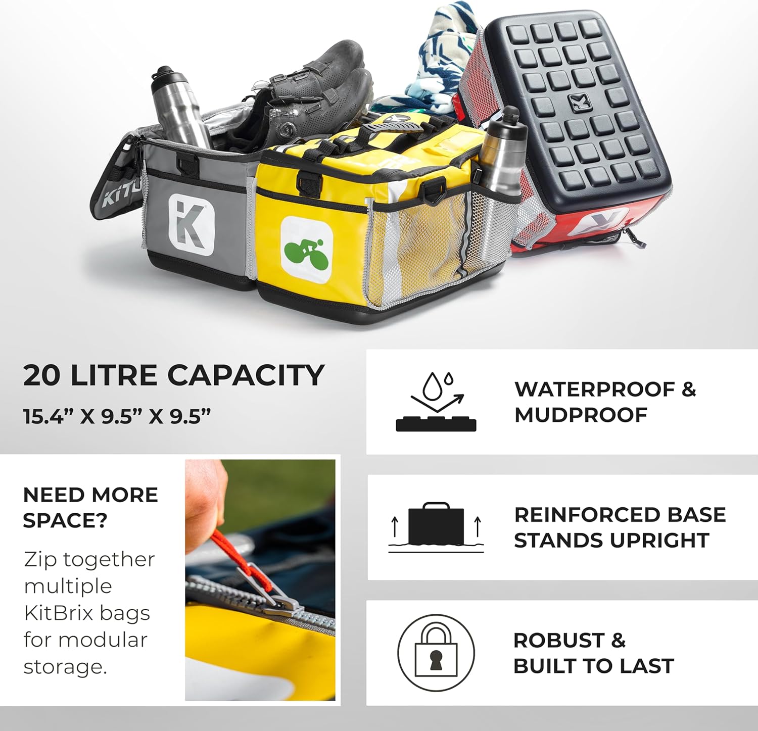 KitBrix Waterproof Sports Duffel Bag, Personal Item Travel Bag 15.3" x 9.4" x 9.4" - Solid Base - Built for Wet, Muddy Gear - Multi-Use Swimming, Gym, Soccer, Camping, Triathlon Transition Bag - Grey