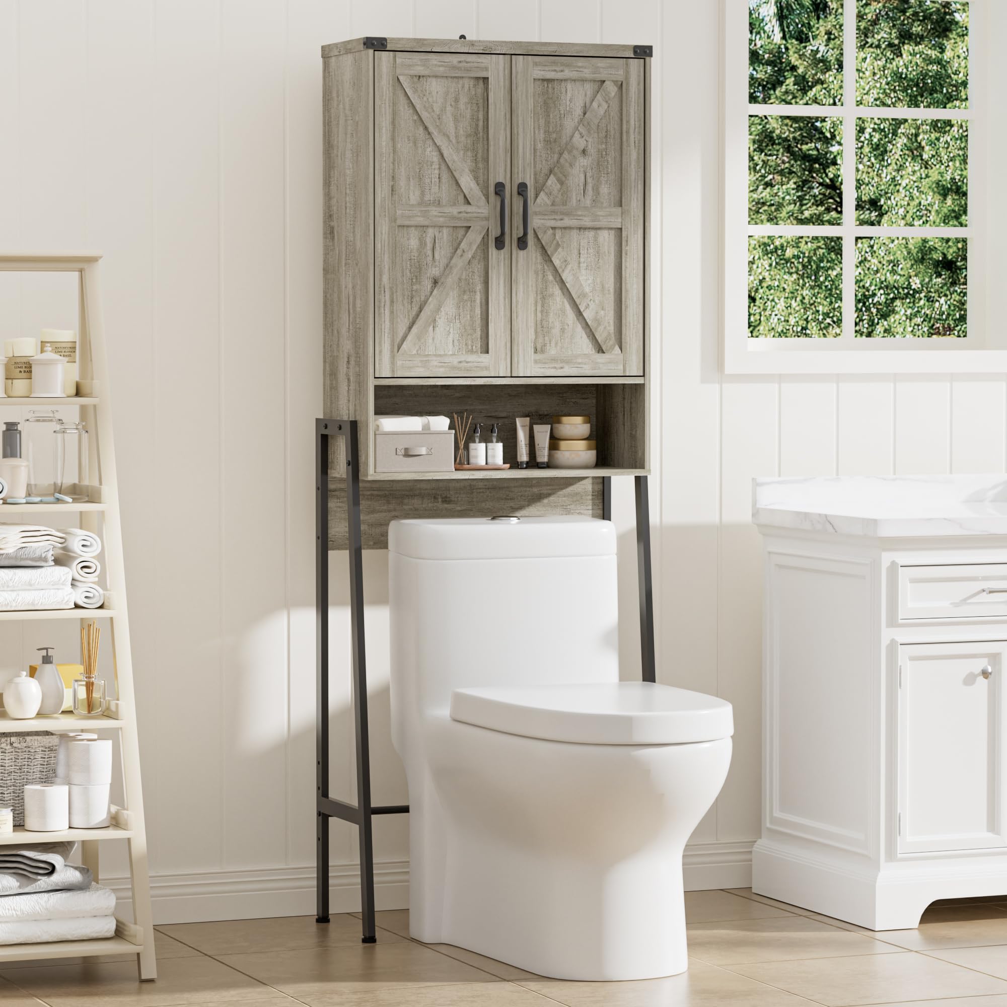 BonVache Toilettenregal mit 2 Türen, Badezimmerregal mit Schrank und Offene Fächer, Regalen für kleine Waschmaschinen, Toilettenschrank für Badezimmer, 171x59.6x25.3cm, Grau