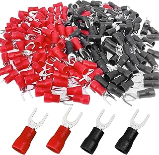 200 Pcs 16-14 AWG #8 Black & Red Insulated Fork Spade Wire Connector U Type Electrical Crimp Terminals (100 Pcs Red +100 Pcs Black)