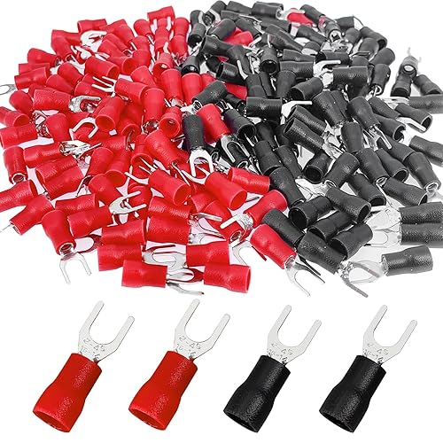 Teansic 200 terminales eléctricos de crimpado eléctrico tipo U de 16-14 AWG #8 negro y rojo (100 piezas rojas + 100 piezas negras)