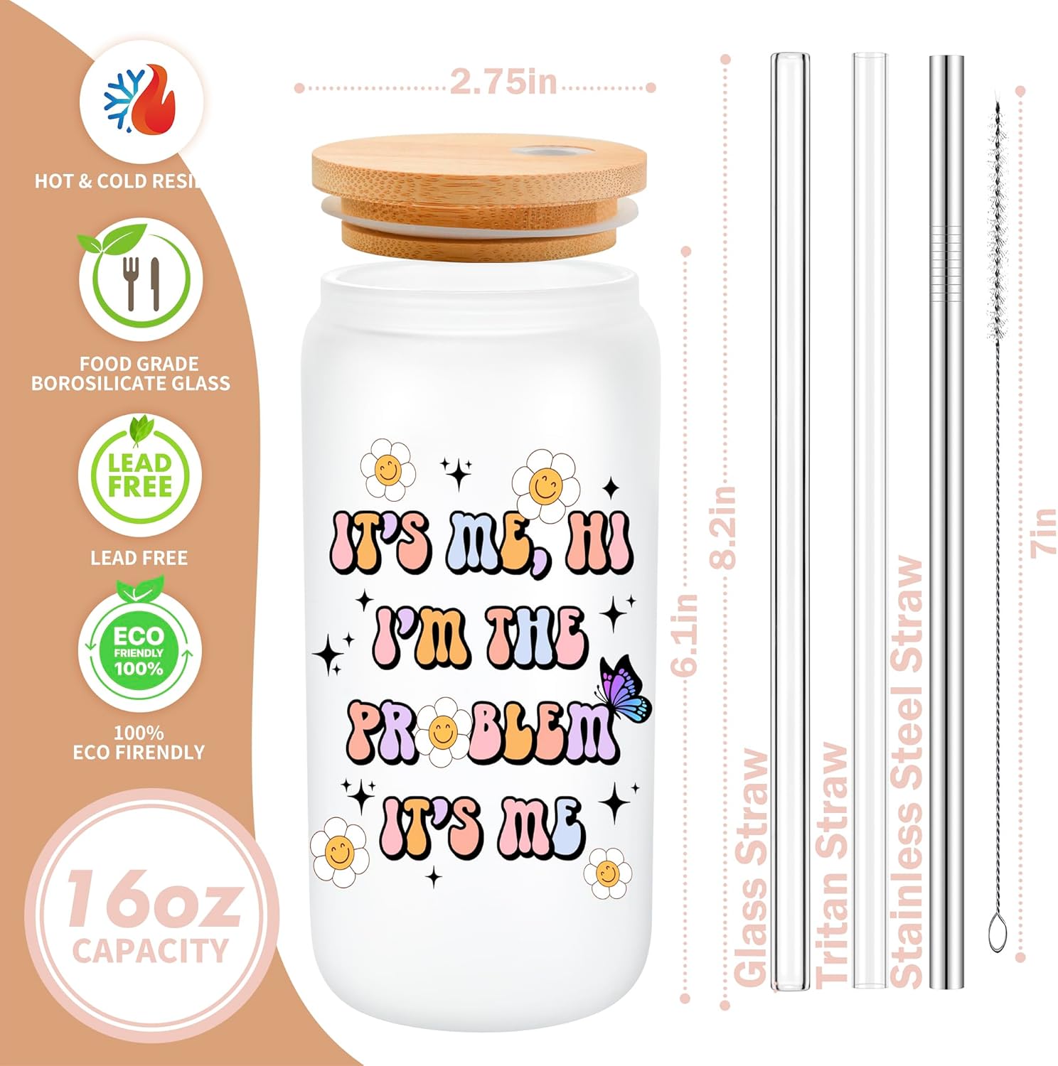 It's Me Hi I'm the Problem 16oz Glass Cup with Lid and Straws, Merch, Themed Gifts, Birthday Gift Idea for Women, Iced Coffee Mug, Glass Tumbler, Water Bottle, Stuff, Items, ITP-Y - Image 4