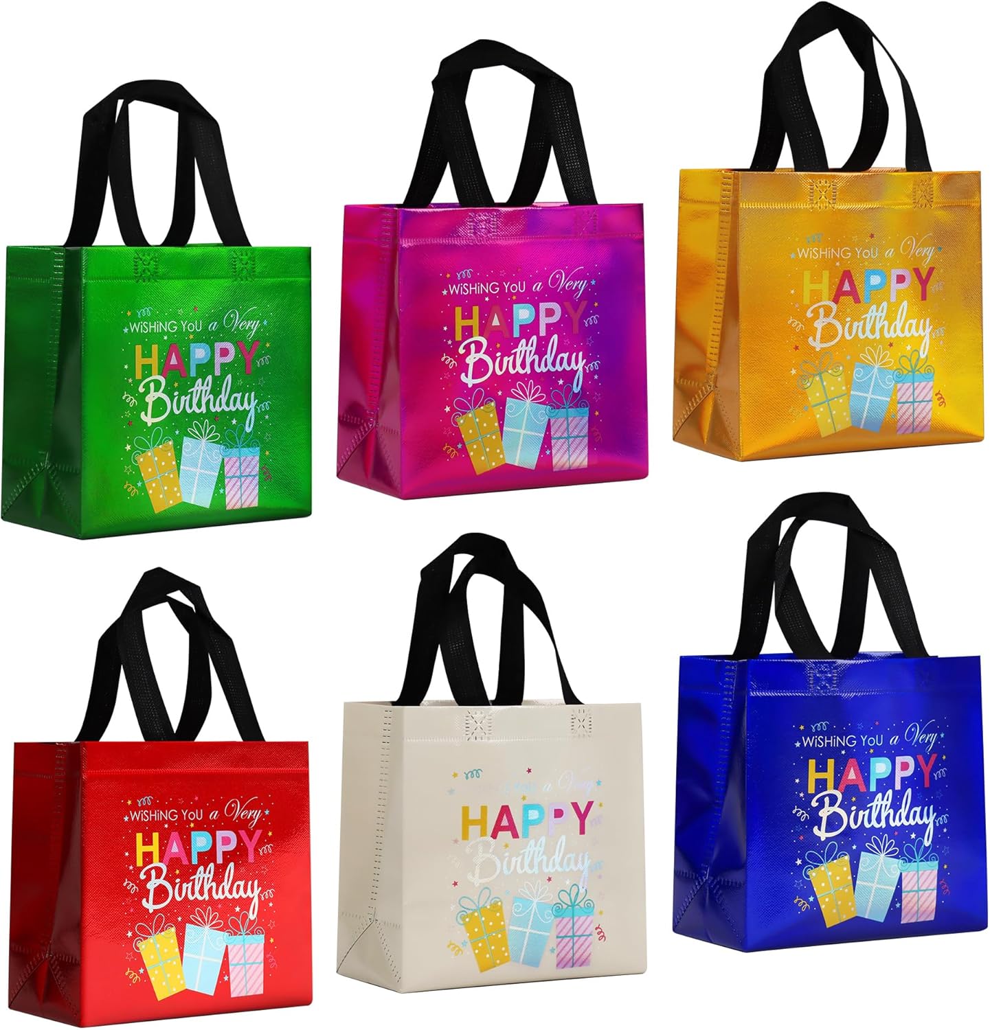huichuan Multicolor Small Birthday Gift Bags with Funny Gift Design, 12 Pcs Lightweight Birthday Bags for Party & Favor Wrapping (8x3.9x8 Inches, 6 Colors)