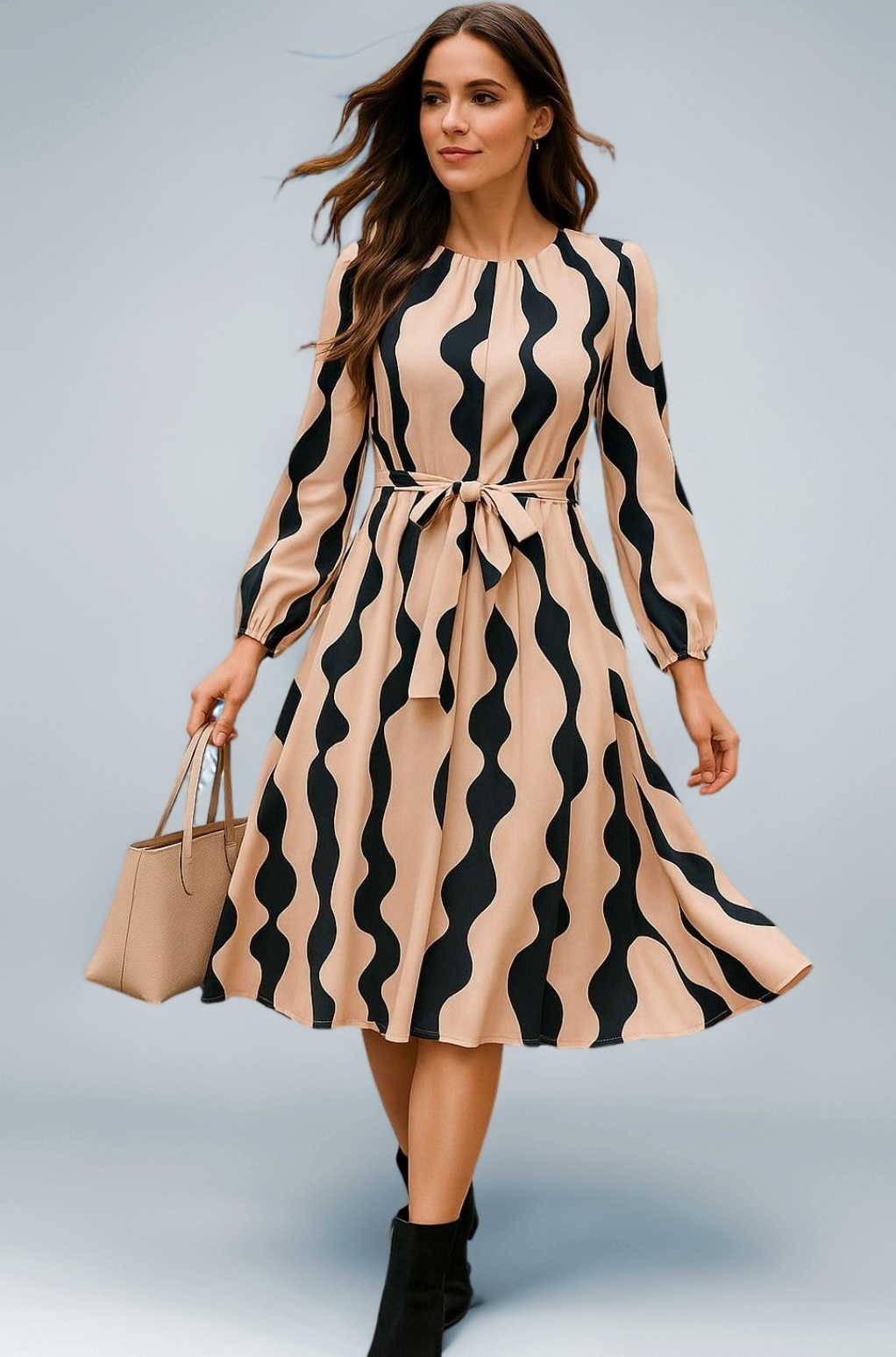 Leriya Fashion Women’s A-Line Midi Dress | Long Sleeve Belted Fit and Flare Gown | Elegant Printed Casual Outfit