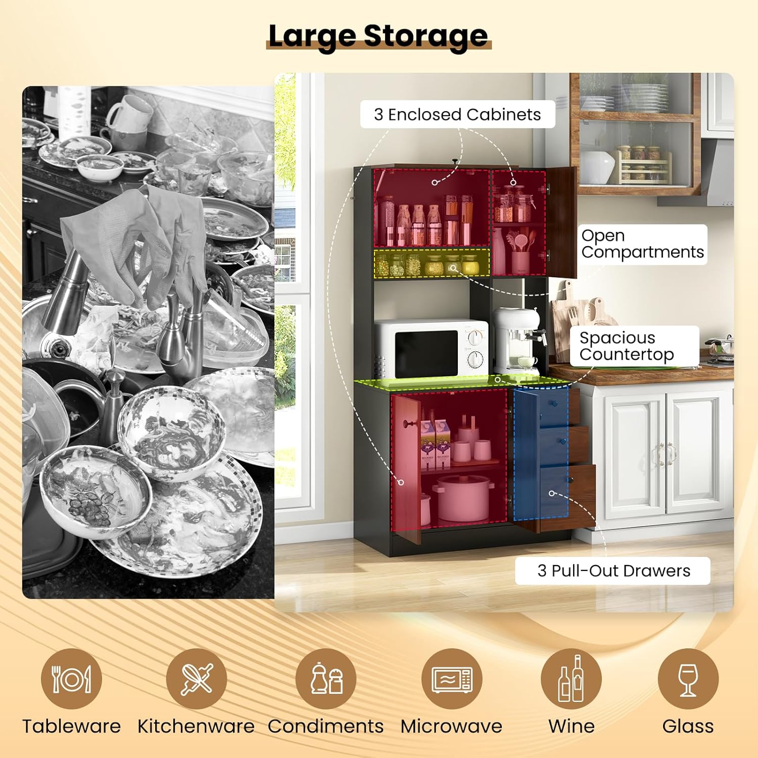Kitchen Hutch Storage Cabinet, 71’’ Tall Freestanding Pantry Cabinet w/Doors, Microwave Cabinet w/Storage & Drawers, Buffet w/Hutch for Living Room, Dining Room, Restaurant (Black & Walnut)