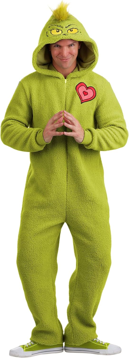Adult Grinch Costume Jumpsuit | Attached Hood has Embroidered Face | Christmas Holiday Outfit for Men and Women