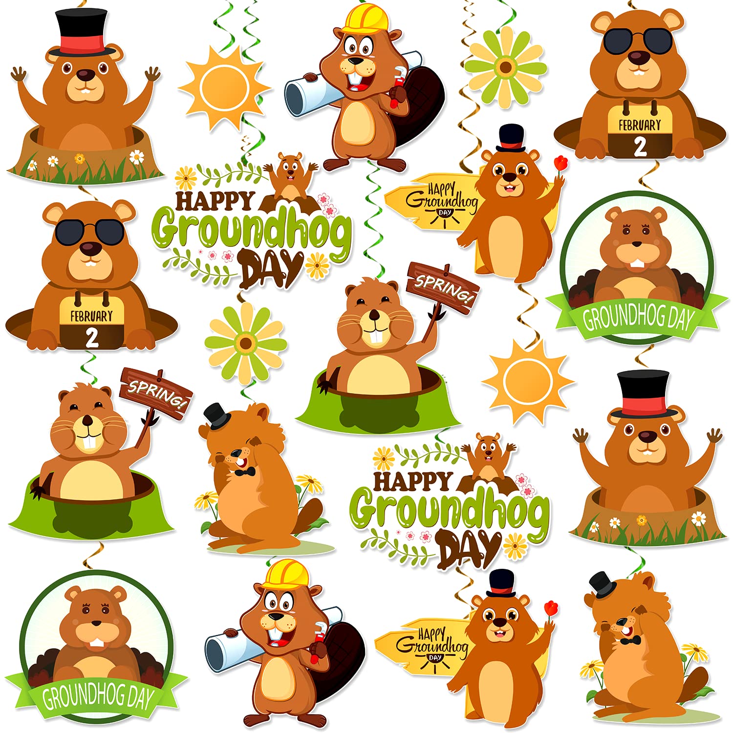 cocomigo Happy Groundhog Day Hanging Swirl, 40 Pcs Groundhog Day Decorations, No-DIY Cute Animals Groundhog Day Party Decorations, Groundhog Party Supplies for Weather Forecast Spring February 2nd