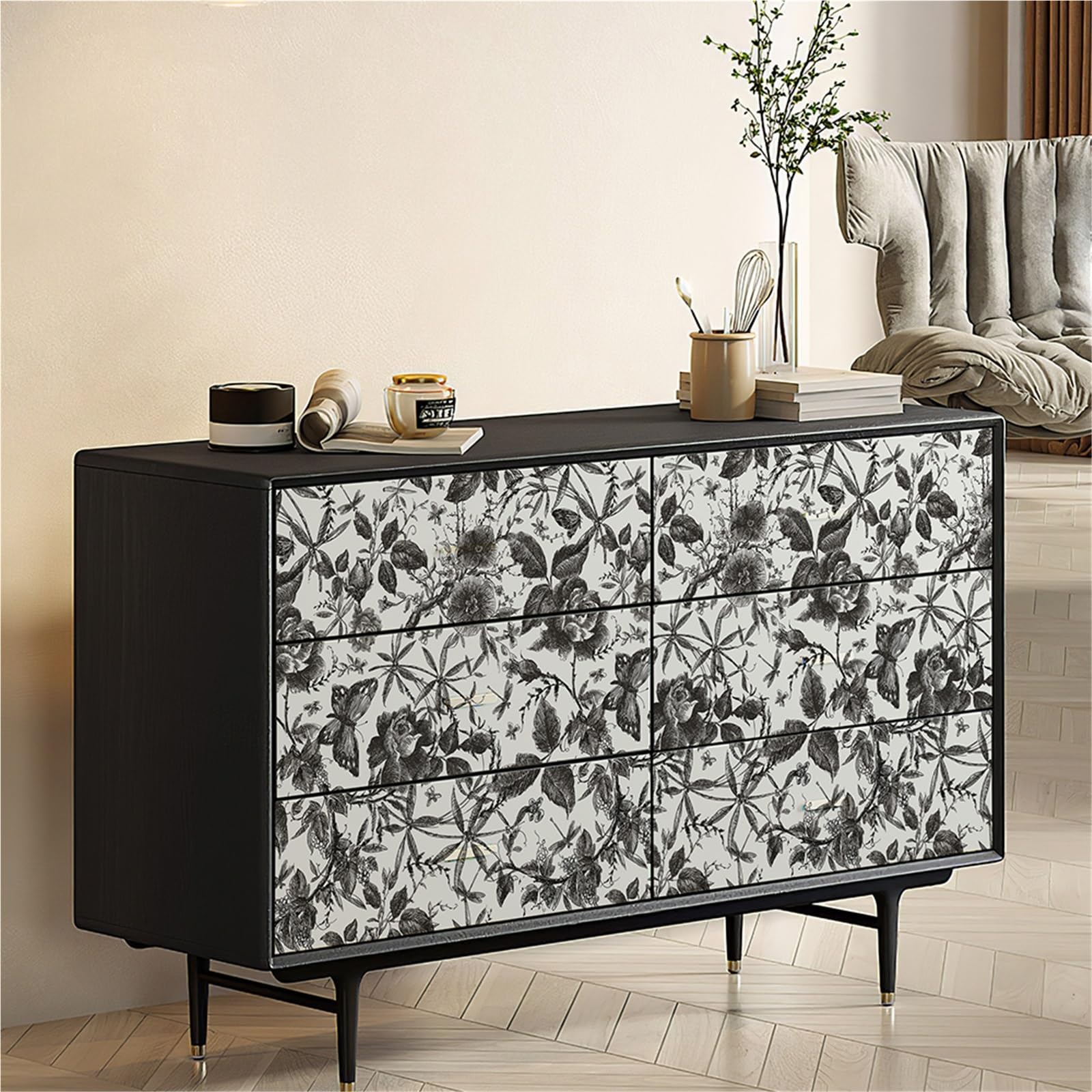 BTGYTTKL Self Adhesive Wallpaper Retro Floral Waterproof Self Adhesive Peel and Stick Film for Cabinet and Wall Decoration(Black,40x300cm)