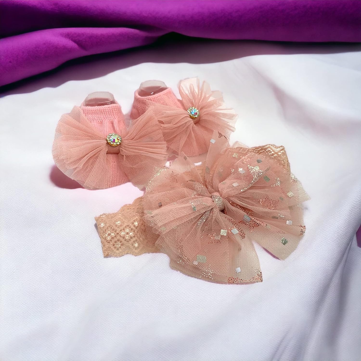 Baby Girl Headbands And Socks Set, Baby Girl Accessories For Newborn Decorated With Baby Bows 0-6 Months, Baby Girl Newborn Essentials Must Haves Floral Headband For Baby Girl (Lemonade Pink) image 4