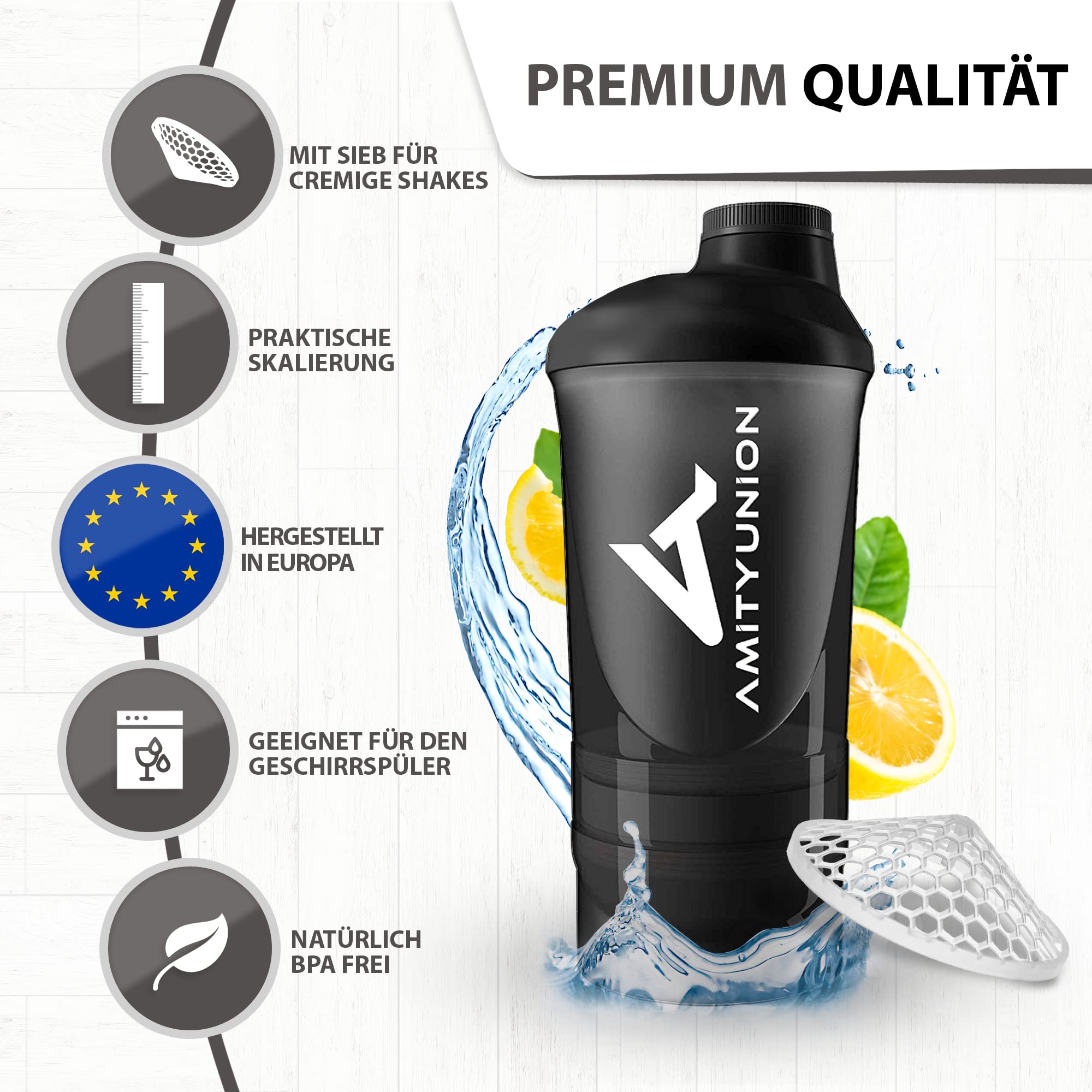 AMITYUNION Shaker per proteine ​​- L'ORIGINALE Senza BPA con setaccio, scala per frullati di siero di latte cremosi, tazze Gym Deluxe per isolati e concentrati sportivi, (Tazza fumogena nera)