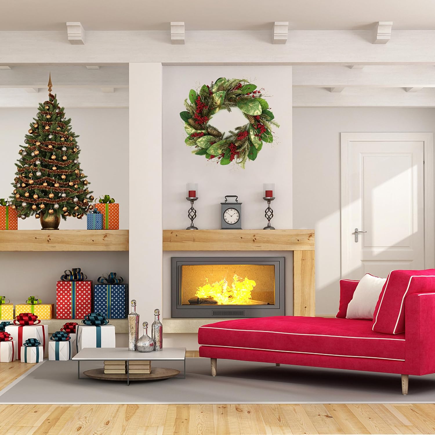 人工クリスマスリース 玄関用 クリスマスリース グリーンゴールド マグノリアの葉 松ぼっくり ベリー 玄関ドア 屋内 屋外 農家 ポ