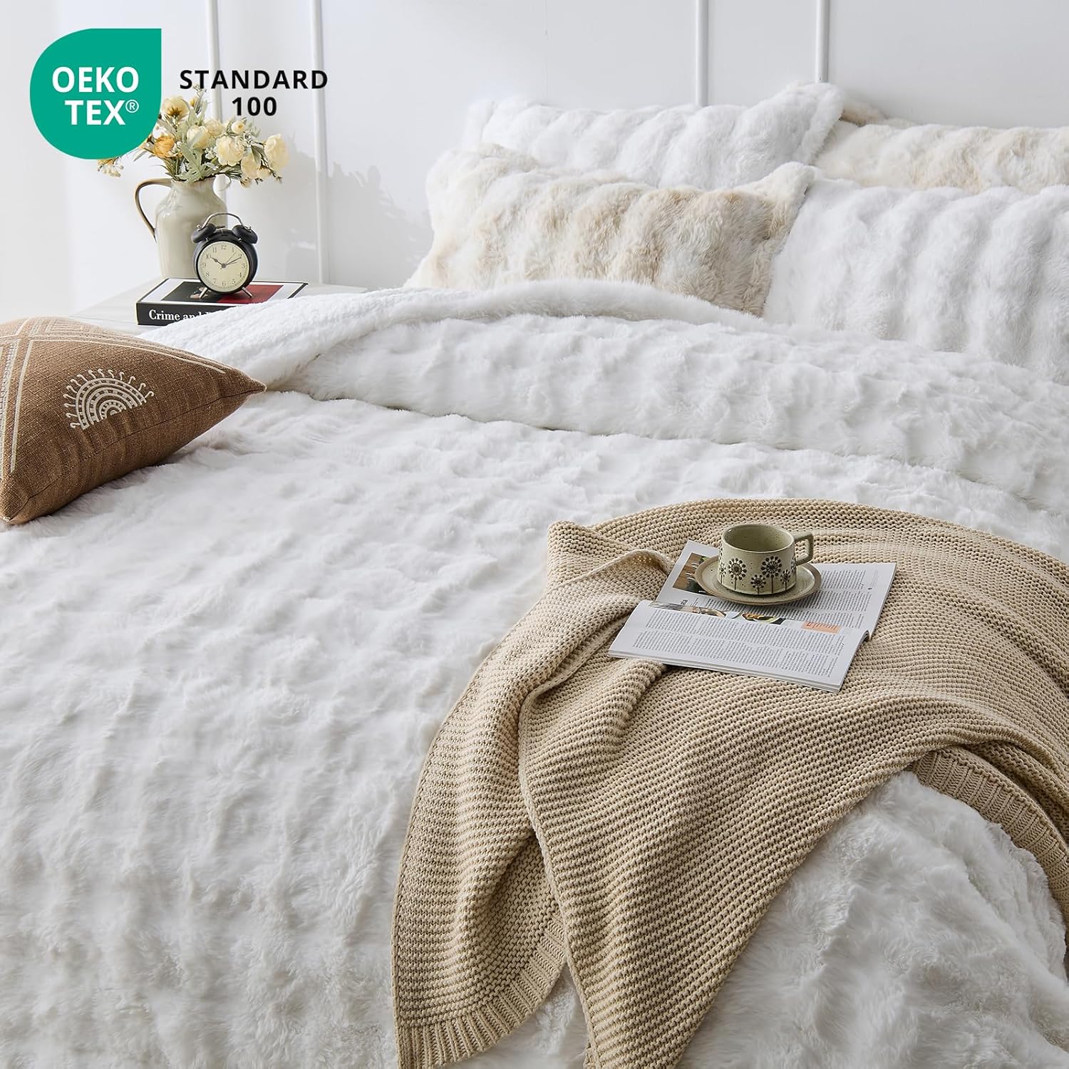 Peace nest Fluffy Rabbit Faux Fur Bedding Queen Comforter Set Ultra Soft Plush Winter Solid Bubble Sherpa Reversible Comforters 3 Pieces Sets with 1 Comforter 2 Pillow Shams White - Image 6