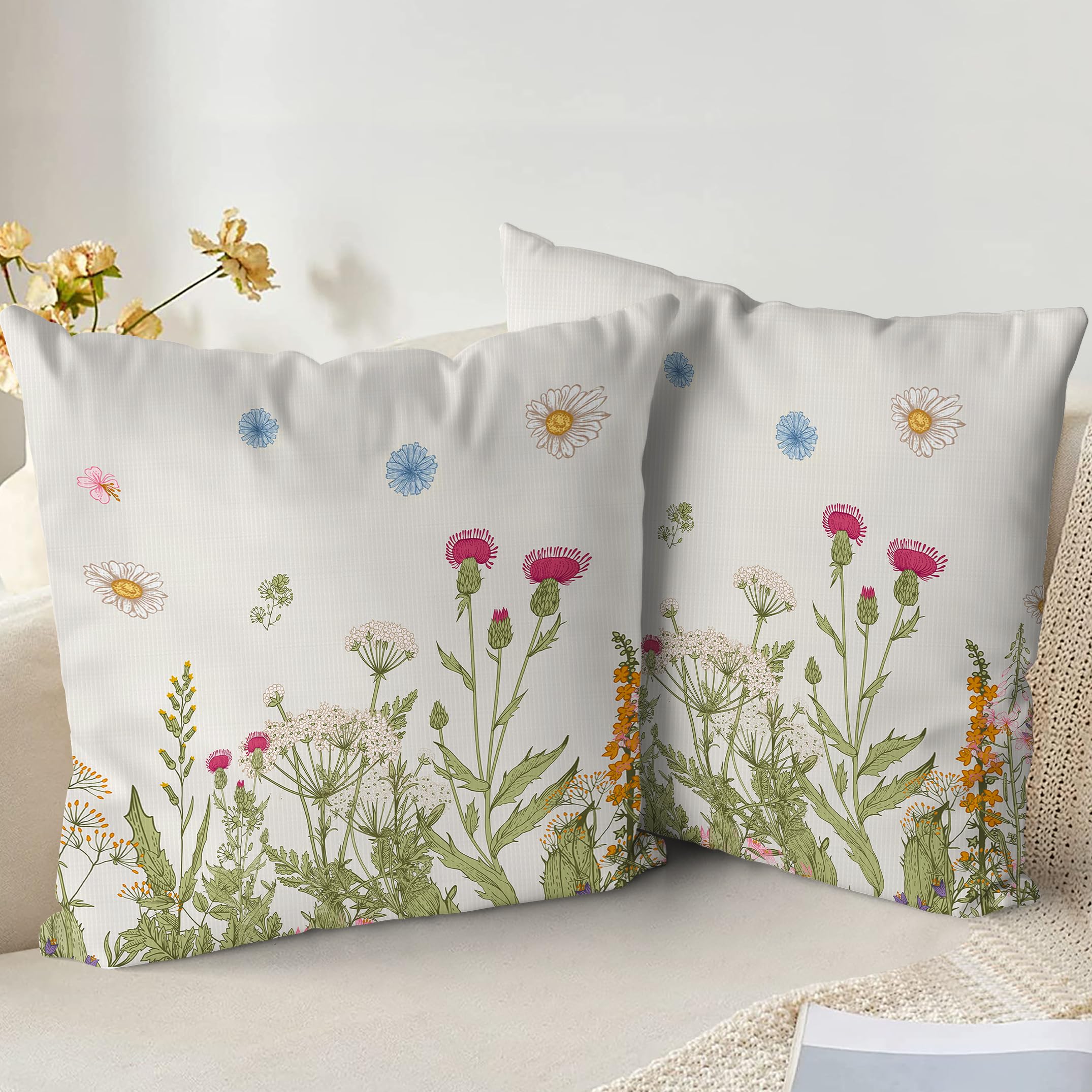 XPHZZL Cushion Covers Set of 2 Pack 55 x 55 cm - Soft Colored Wildflowers Pattern Decorative Pillow Covers for Sofa Bed Garden Outdoor Spring Decor with Invisible Zipper 22 x 22 Inch