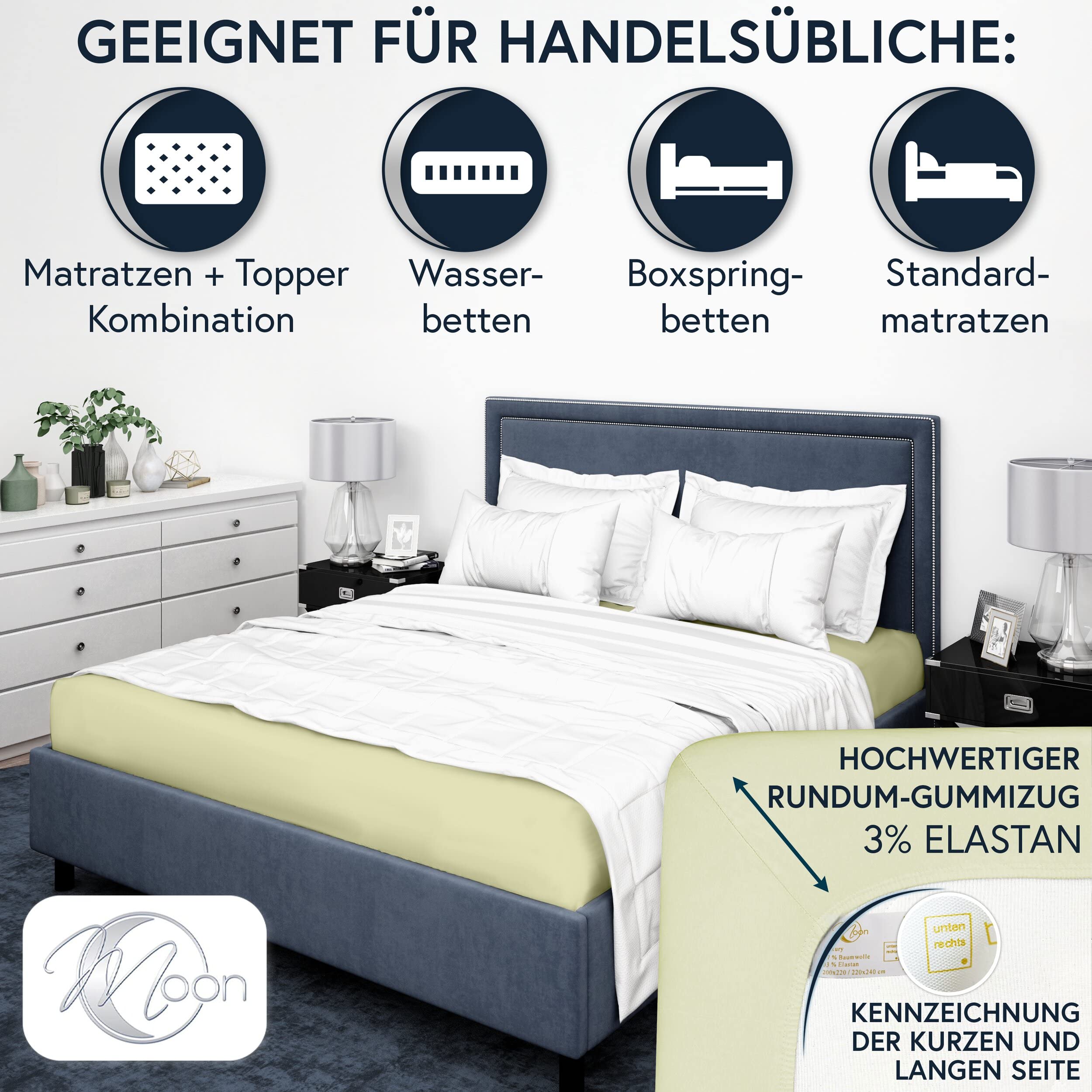 MOON - Luksusowe prześcieradło z gumką Jersey Stretch 230 g/m² do łóżek wodnych, łóżek kontynentalnych i tradycyjnych materacy (Pistazie, 200 x 220 – 220 x 240)