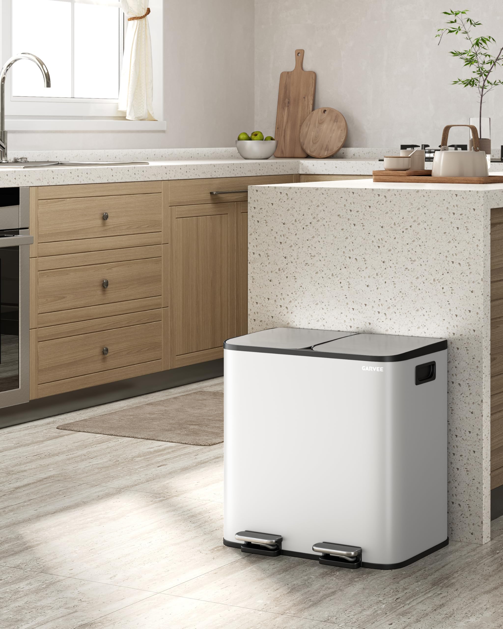 Garvee Cubo de Basura Doble de Acero Inoxidable con Pedal 2x15L – Cierre Suave y Silencioso para Cocinas Pequeñas Reciclaje, Blanco