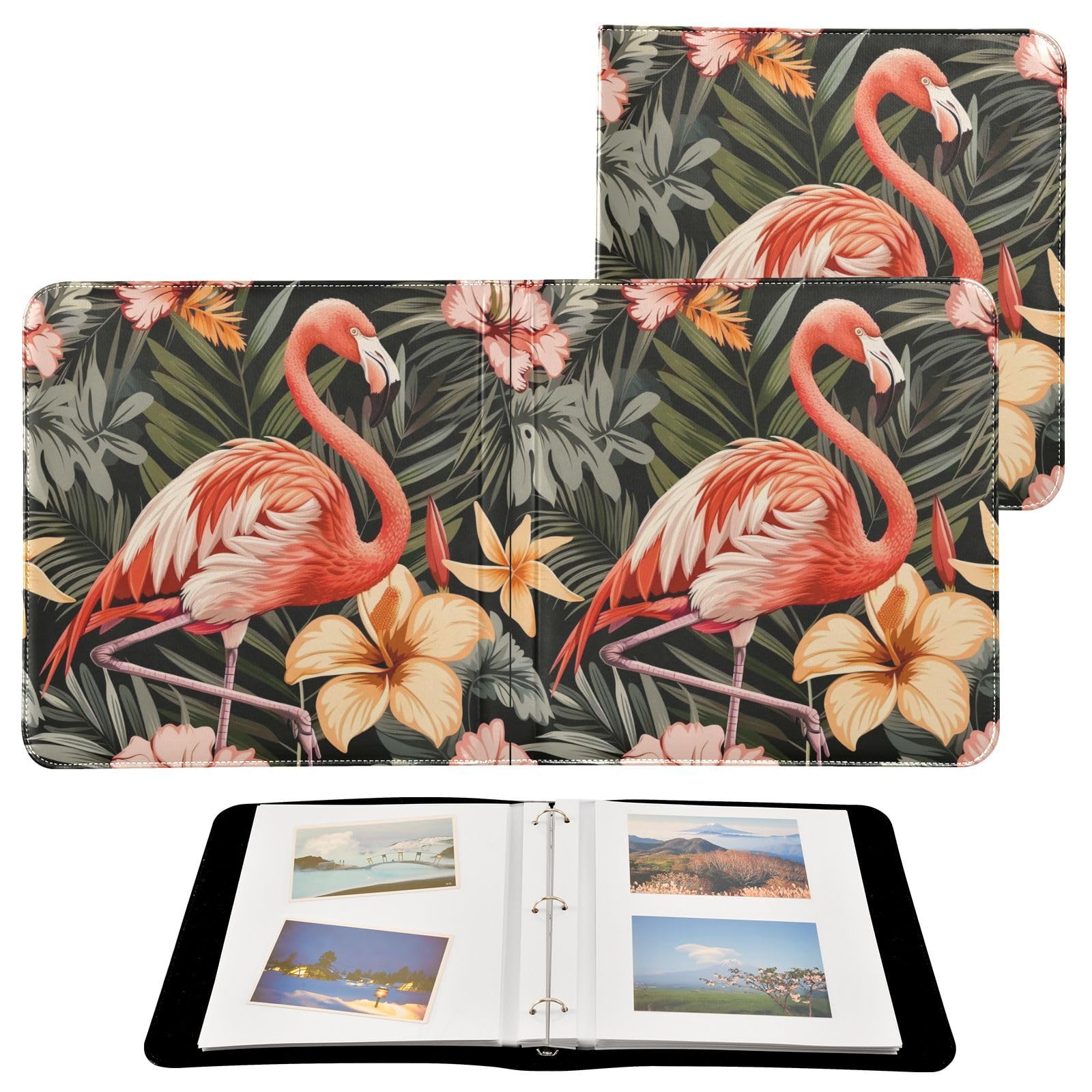JIPONI Flamingo and Flowers Large Photo Album, DIY Leather Cover Scrapbook Albums for 4x6 5x7 6x8 Pictures, Self Adhesive Memory Book for Wedding, Baby, Family