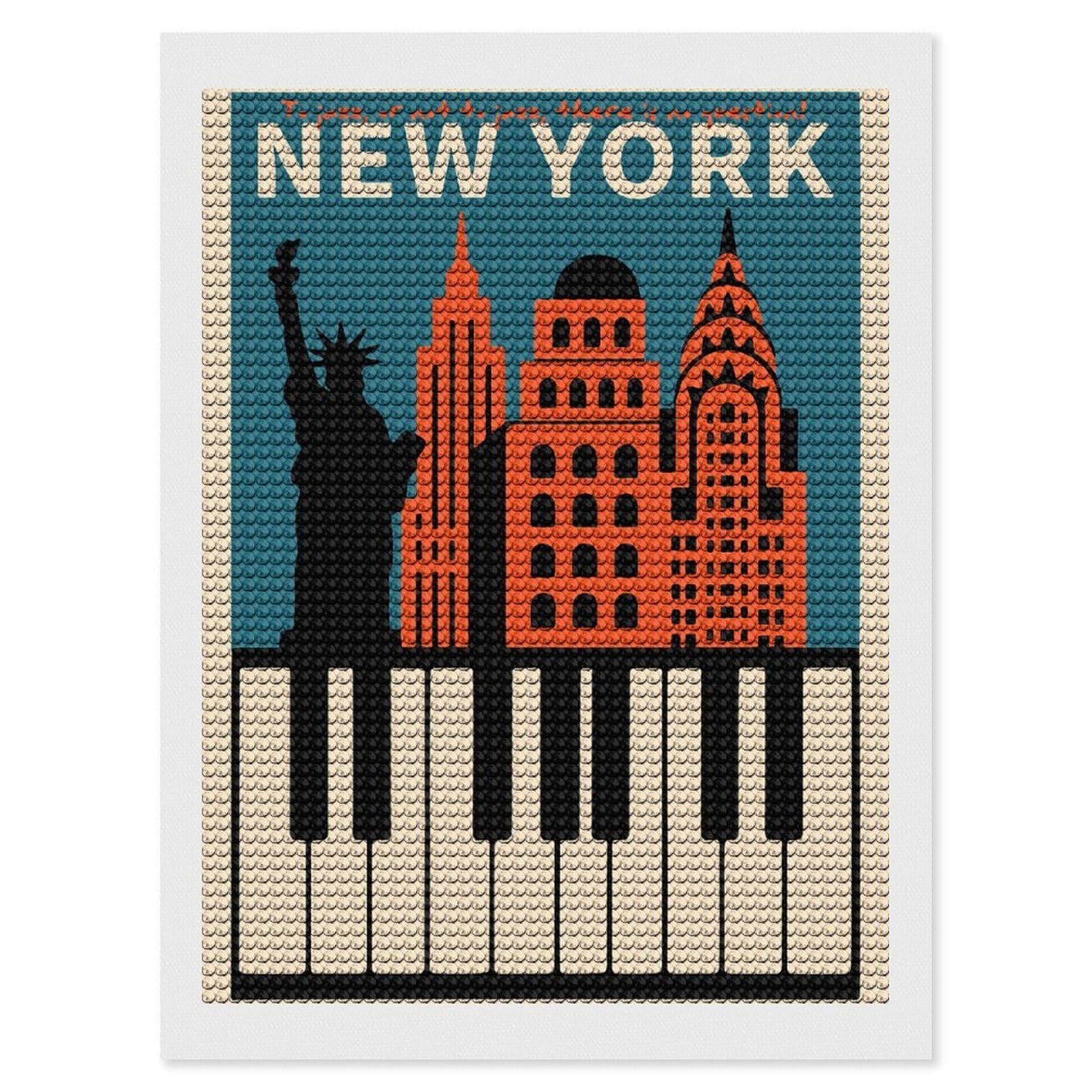 Junmoney New York Jazz Round Drill Diamond Painting 12"x16", Satisfying Creative Project, Complete Accessories, Printed Canvas