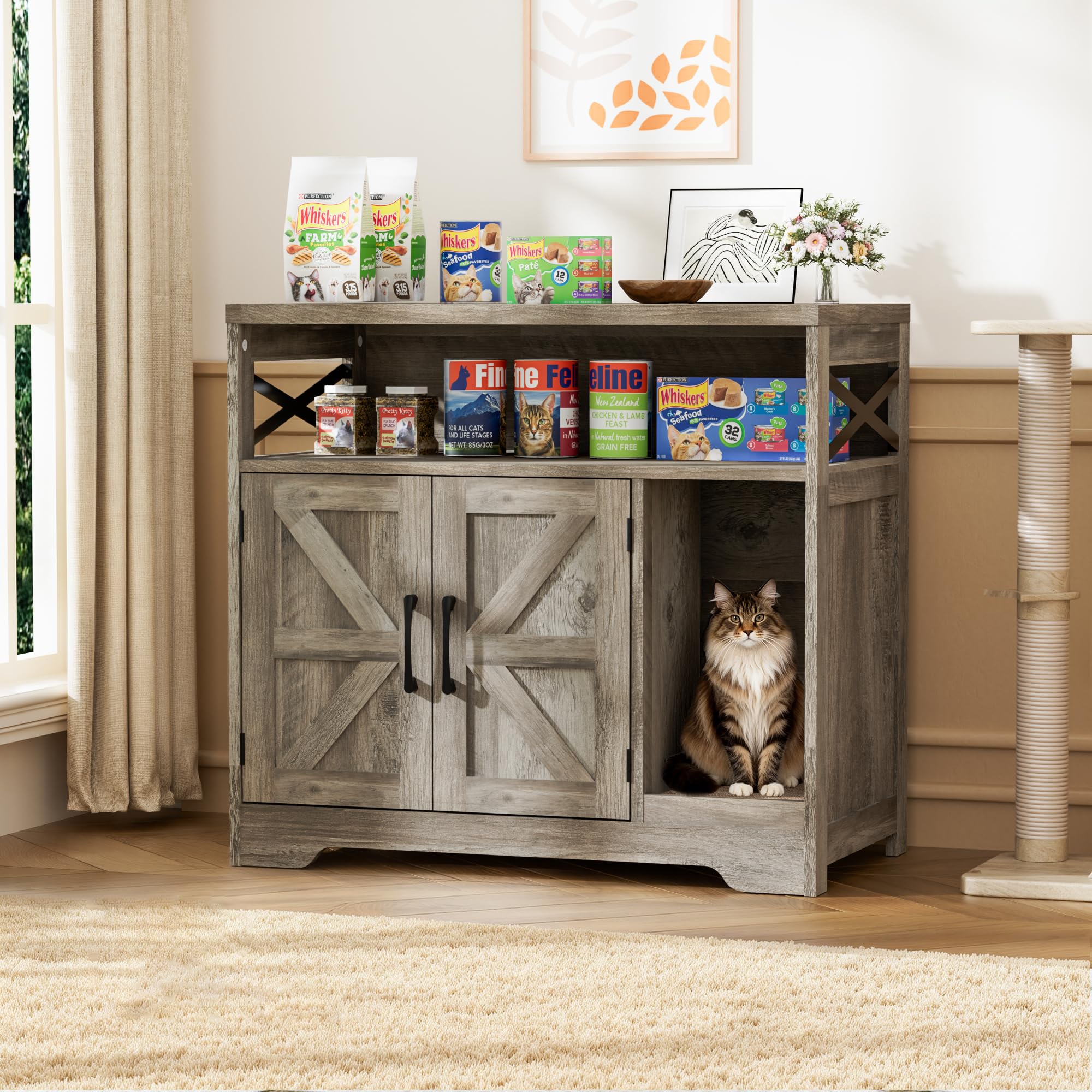 BonVache Katzenklo Schrank, Katzenhaus Holz, Katzenschrank mit Tür, Versteckte Katzentoilette mit Kratzmatte für Katzen, Beistelltisch, 79 x 43 x 72.5 cm, Grau