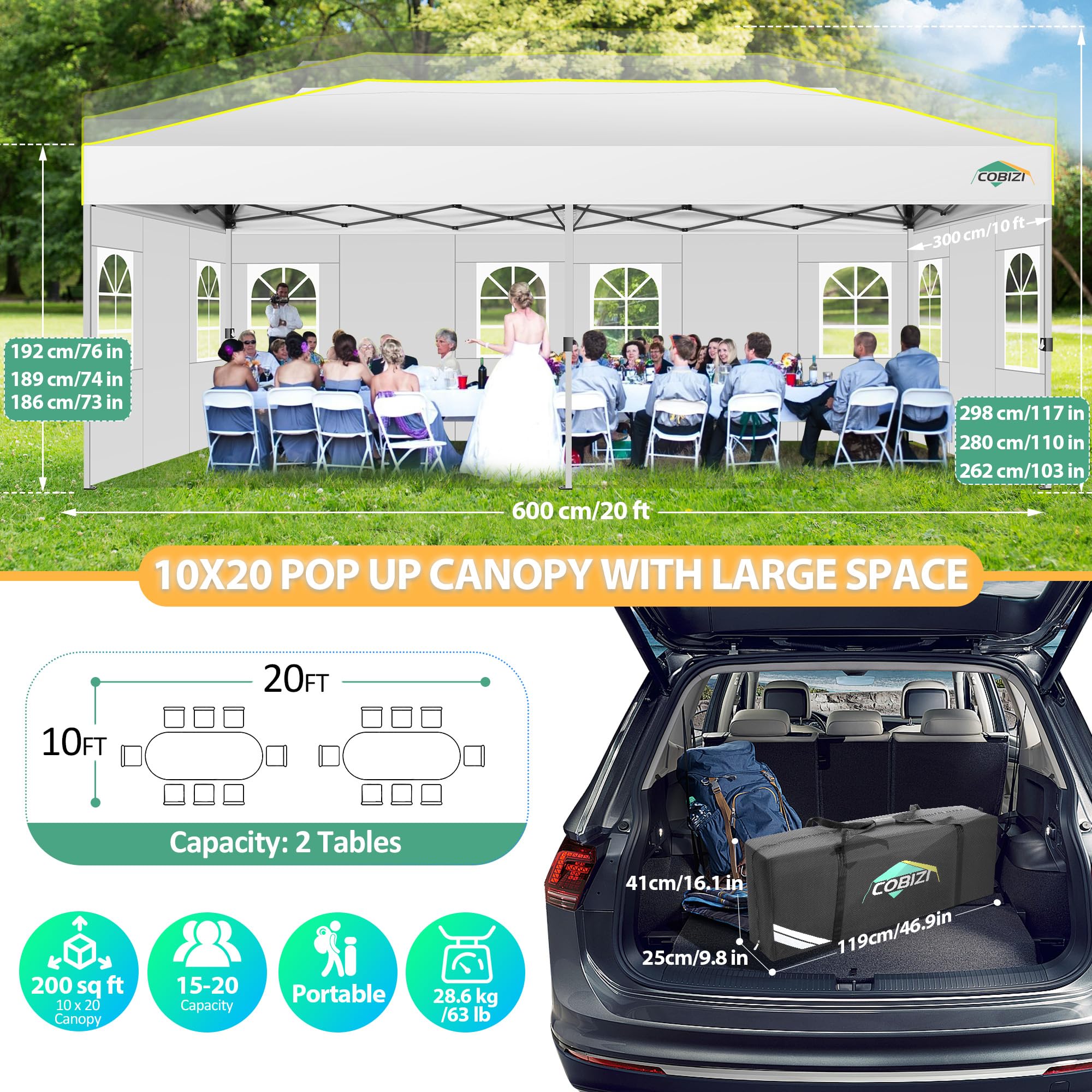 COBIZI Gazebo 3x6m Pieghevole Impermeabile, Esterno Resistente Una Sola Spinta Protezione Uv 50+,Giardino Consacco di sabbia,Campeggio Con Borsa Per Il Trasporto,Bianco