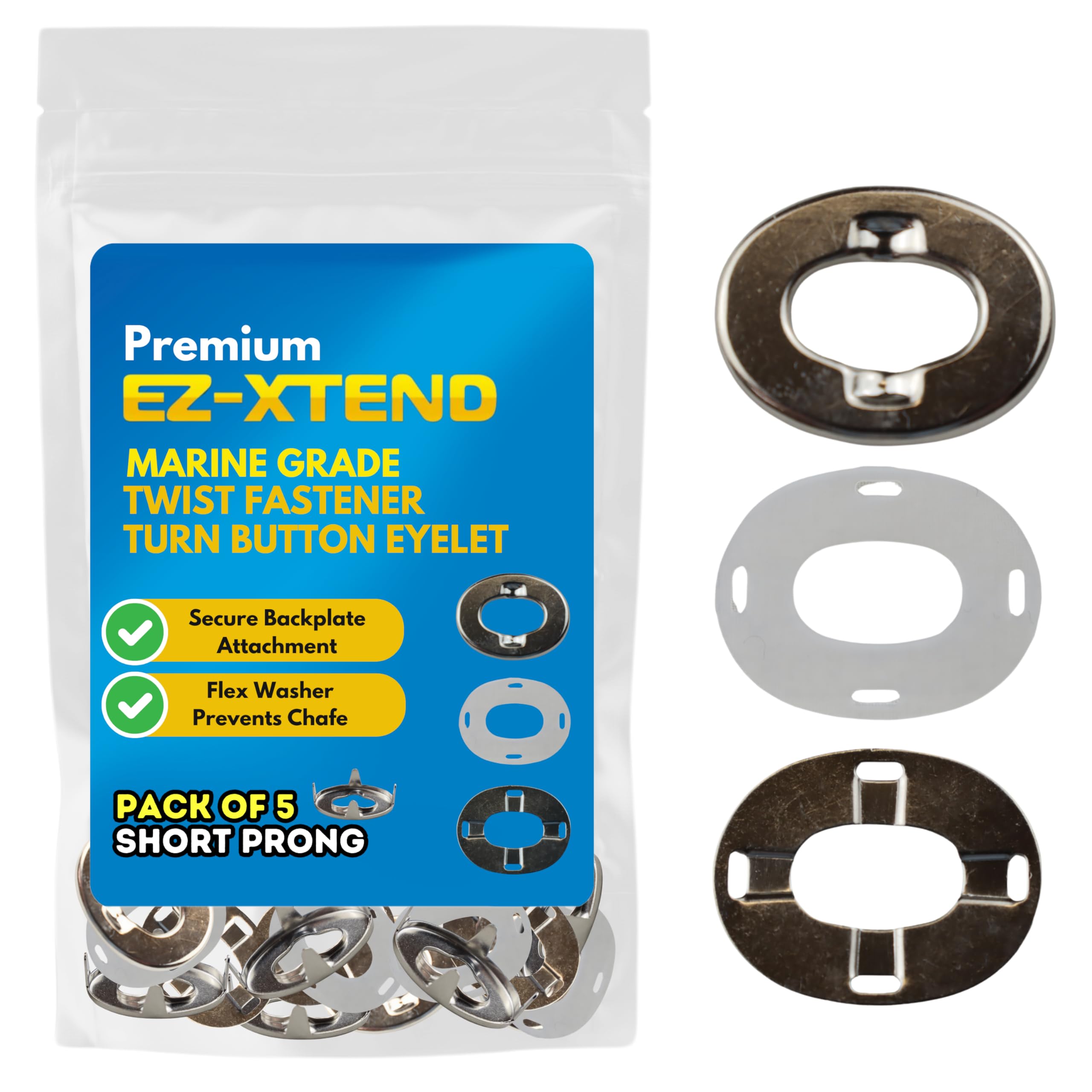 EZ-Xtend Fasteners Marine Grade, Twist Fastener Turn Button Eyelet for Canvas with Clinch Plate and Flex Washer (Short Prong - 5 PK)