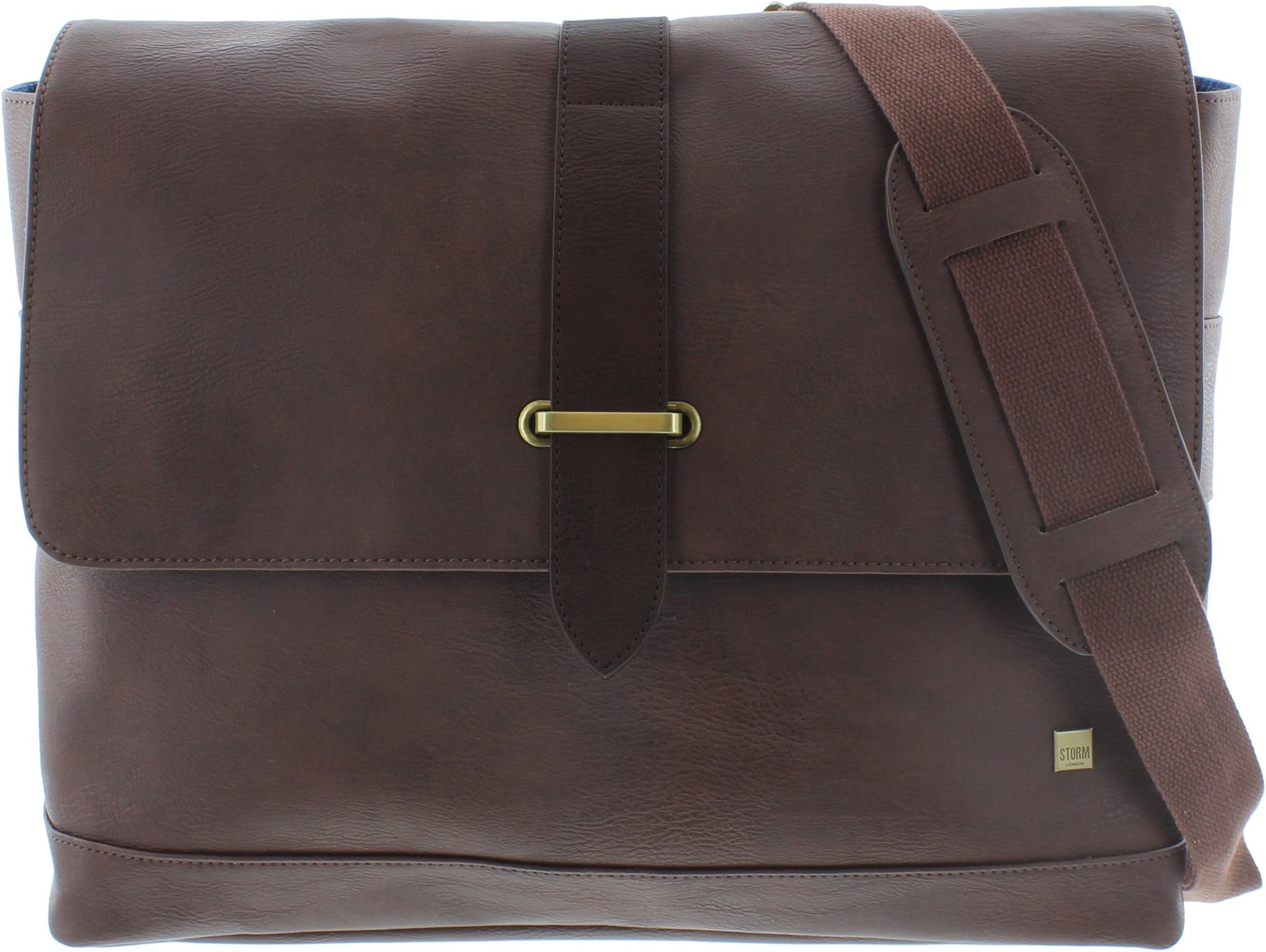 STORM ETHAN MESSENGER BROWN. Laptop bag Faux Leather Adjustable strap Metal badge Closure by twin mag-dots under flap. Laptop section (Max 15" Laptop) Branded Blue lining. Dimensions 39x29x13cm