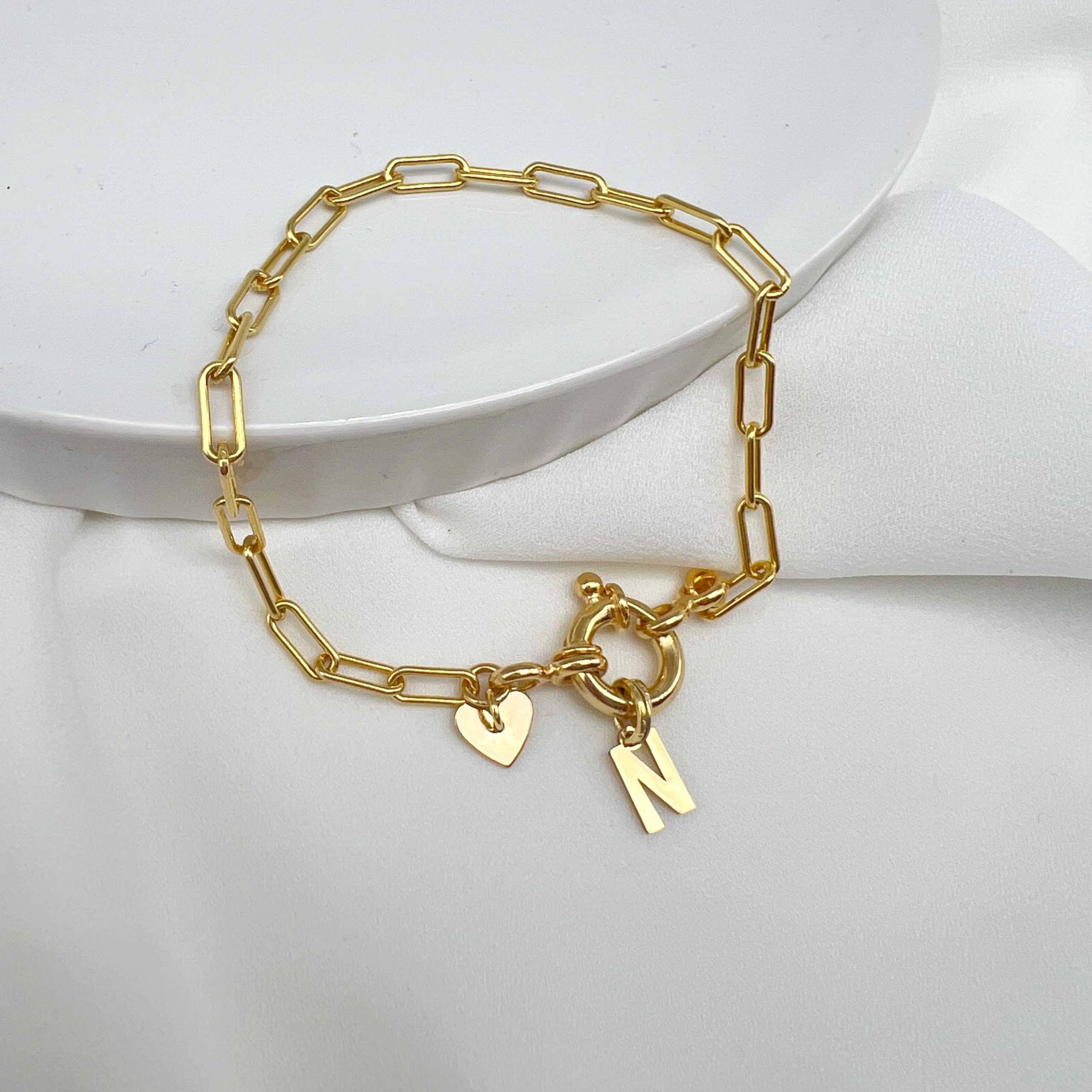 Pulsera Marinera Initials Plata de Ley 925, Pulsera letra(s) inicial(es), Cadena de eslabones de plata, cierre resort/reasa/marinera, Regalo Personalizado para la Mamá/Madre, piedra natural, hand made