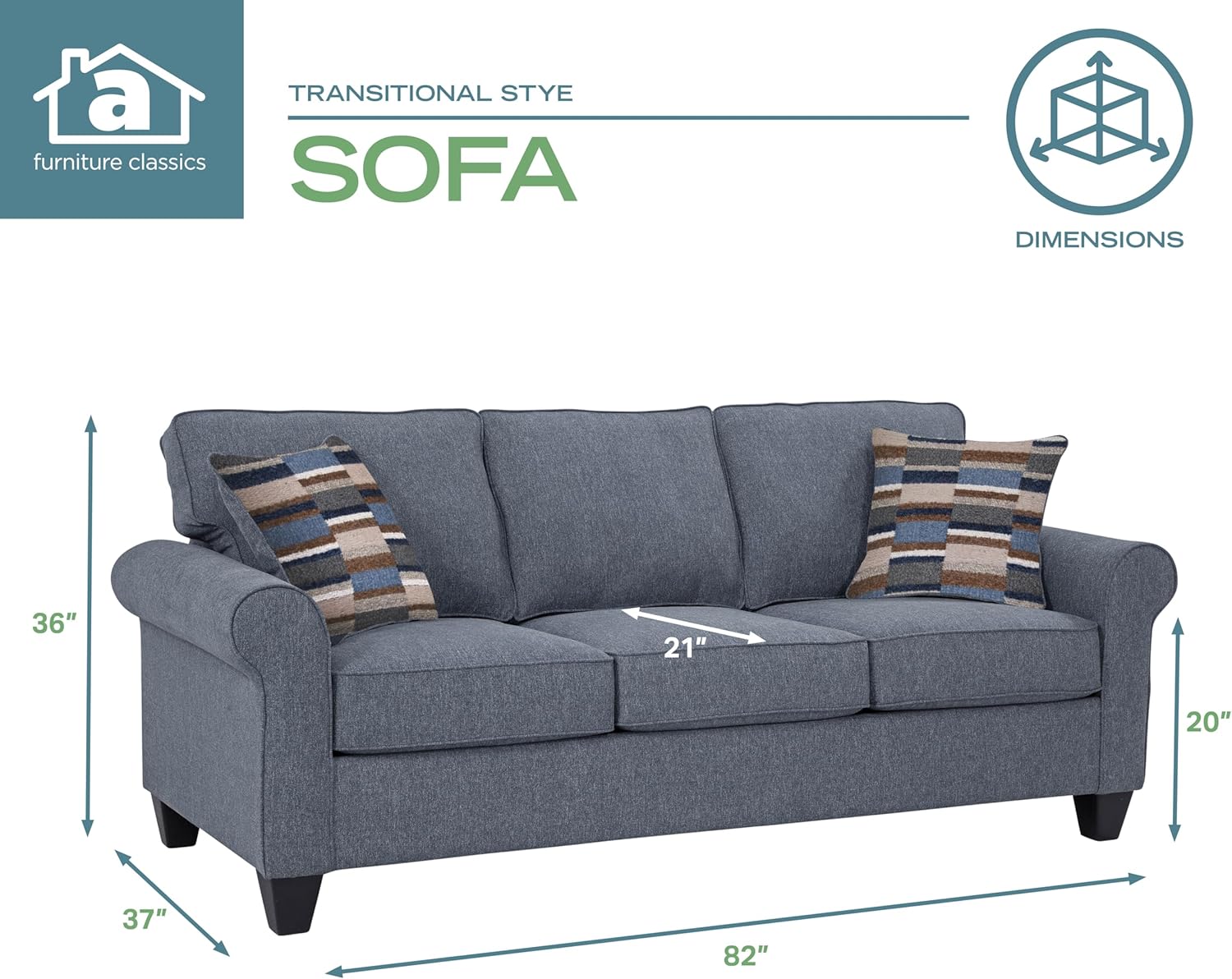Blue Linen Rolled Arm Sofa with Removable Cushions