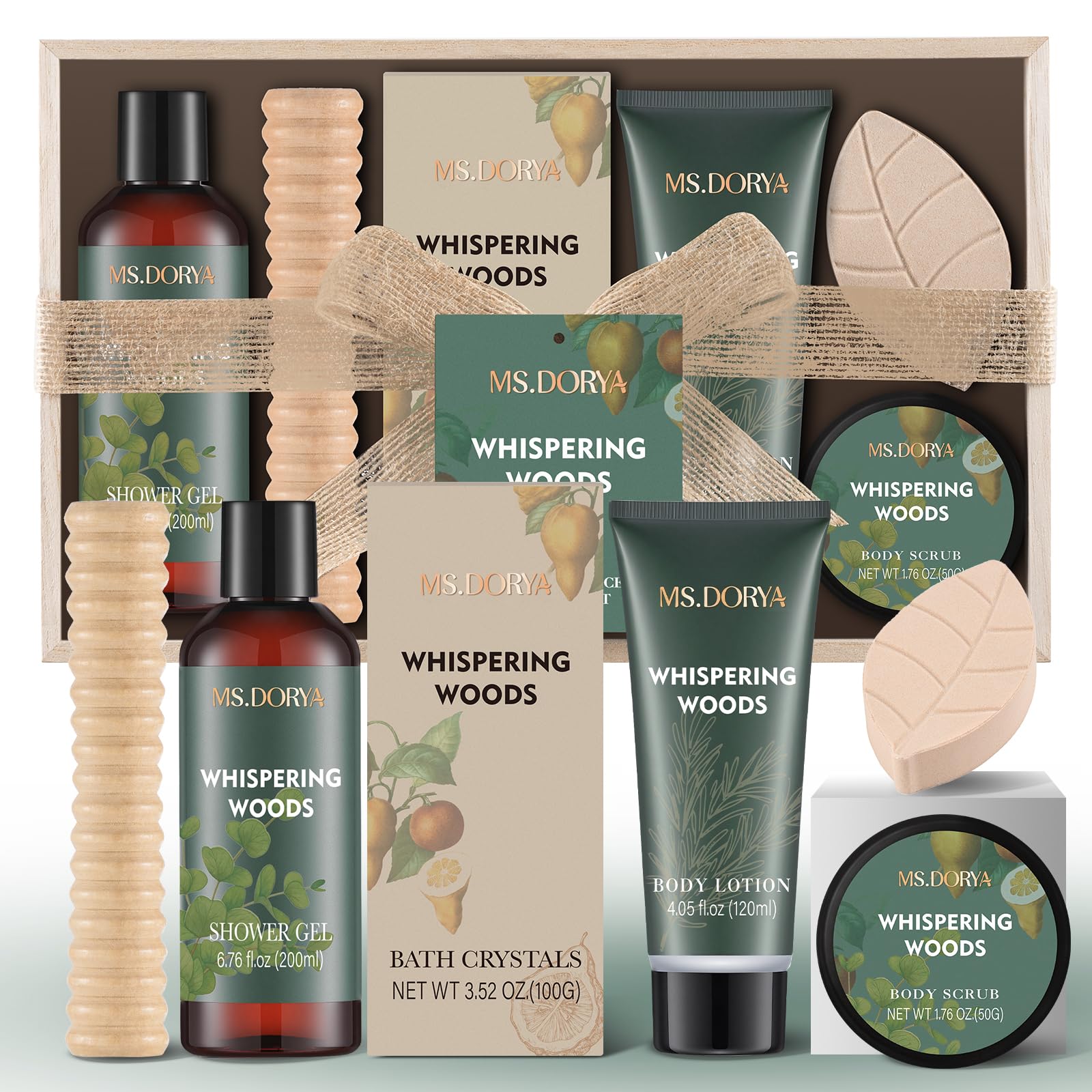 Valentine's Day Spa Gift Set for Her - 6Pcs Bath and Body Kit with Shower Gel, Body Lotion, Bath Salt, Scrub, Massage Stick - Whispering Woods Spa
