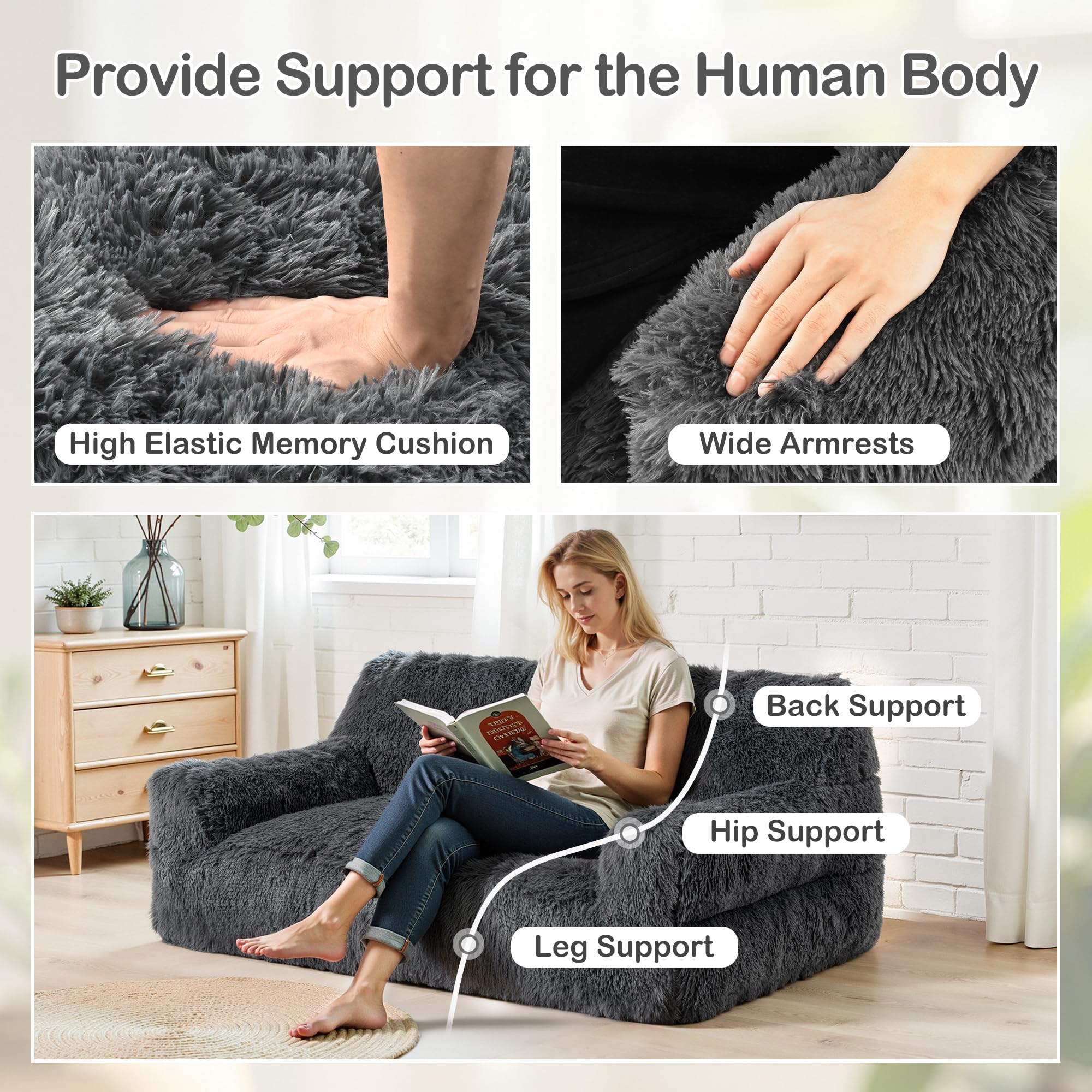 Pamapic Puszysty worek do siedzenia, duży worek do siedzenia z wypełnieniem w zestawie, sofa 2-osobowa, nowoczesna i ergonomiczna dla dorosłych, leniwa sofa dla dorosłych i zwierząt domowych, nadaje